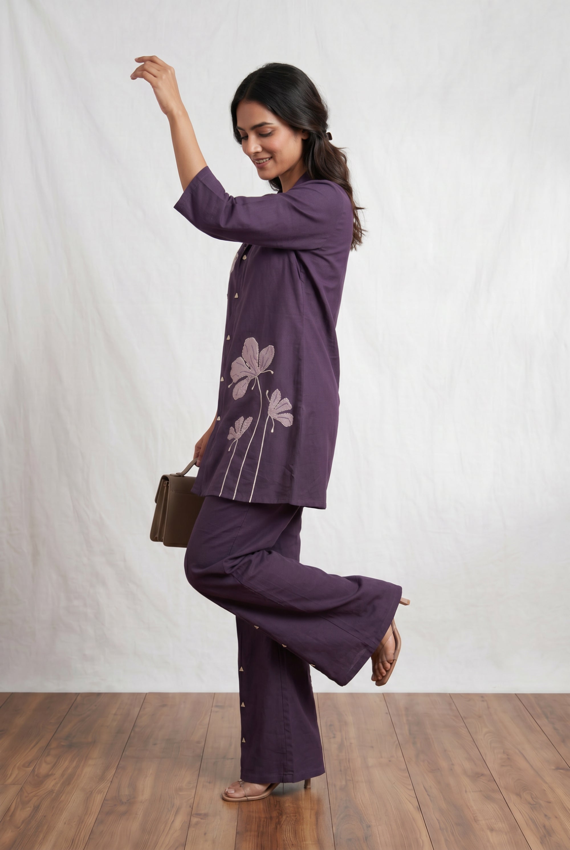 Purple Floral Embroidery Cotton Flex Co-ord Set