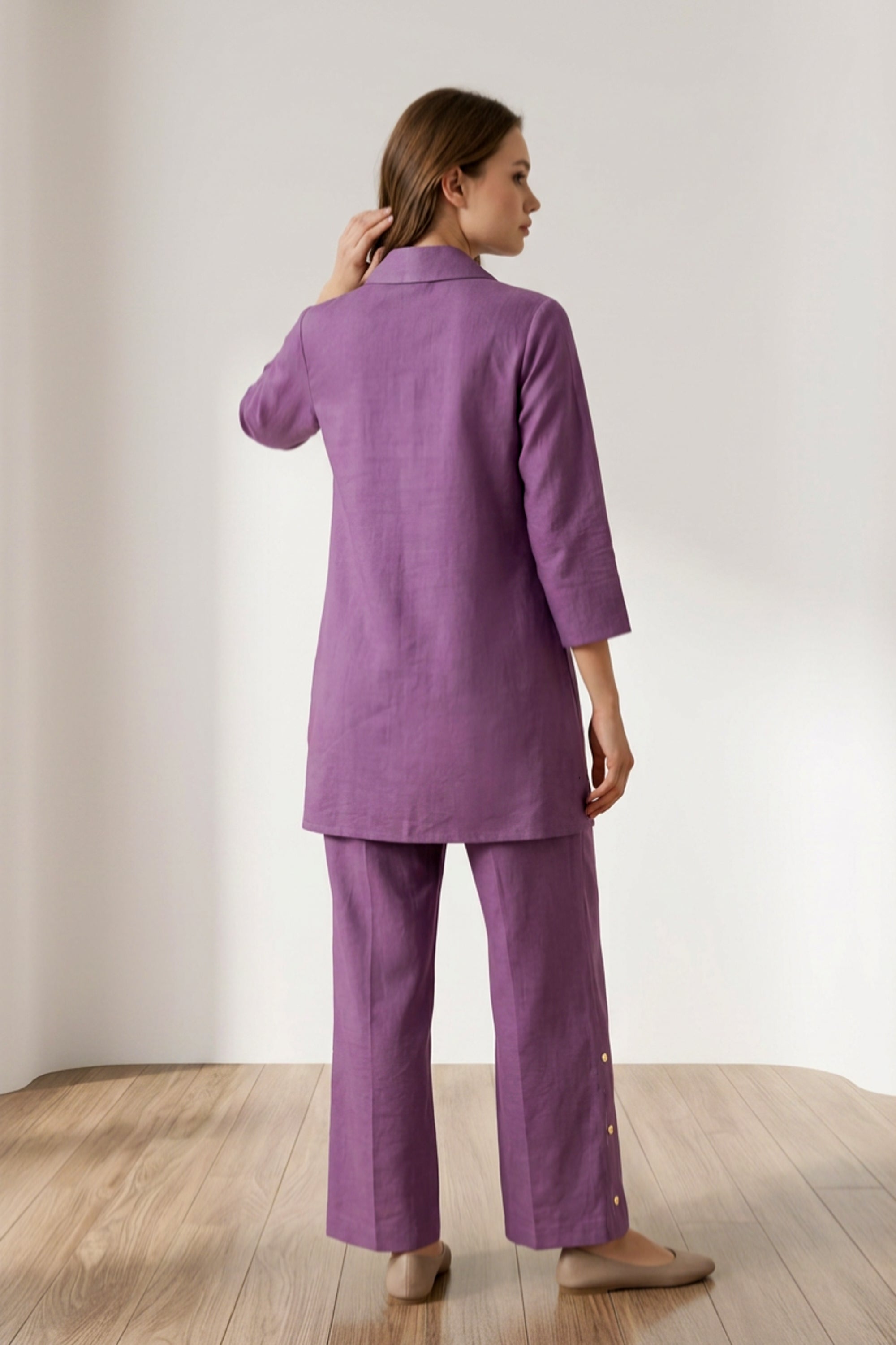 Purple Floral Embroidered Shirt Style Cotton flex Co-Ord Set