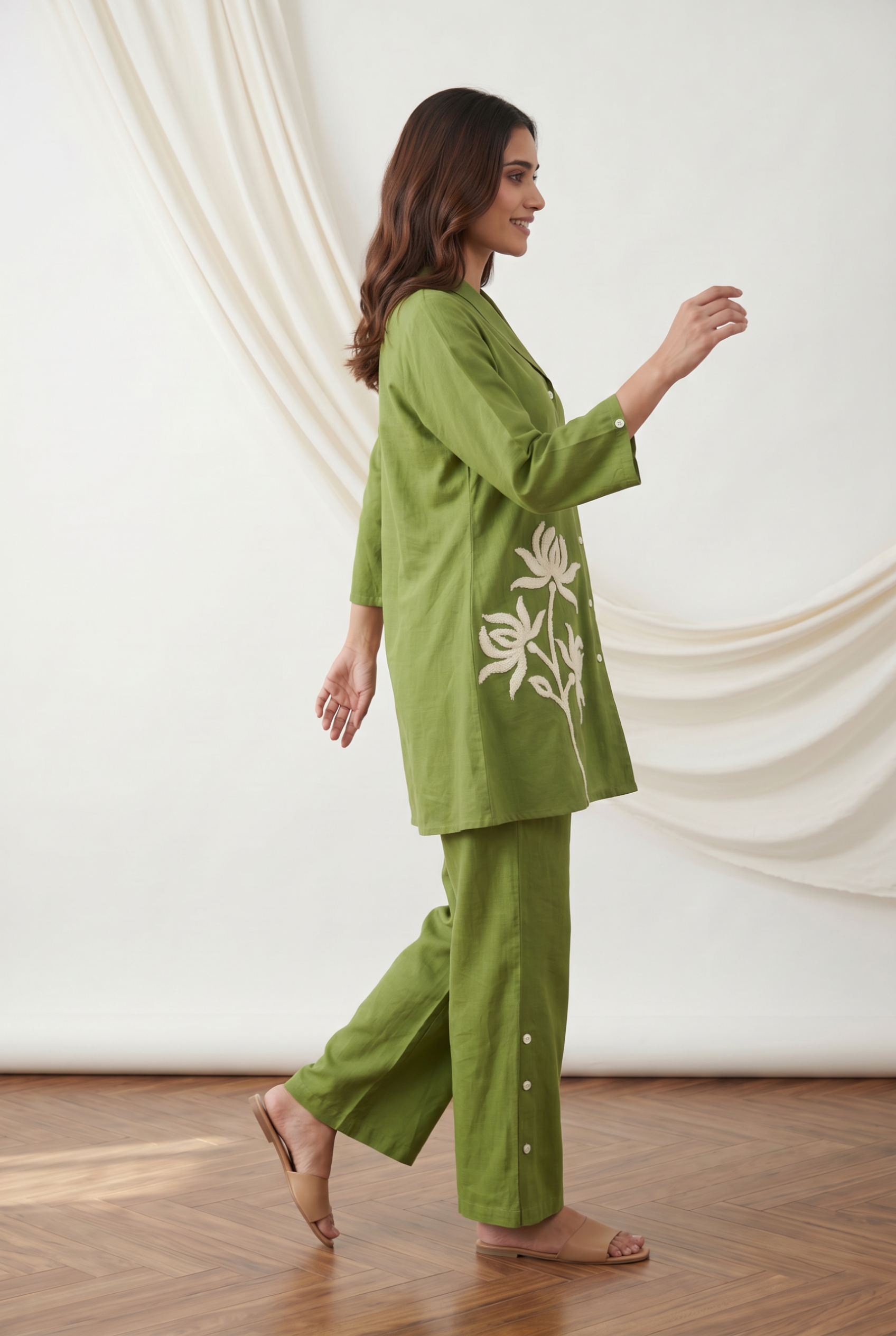 Green Cotton Flex Co-ord Set with Floral Embroidered & Straight Pants