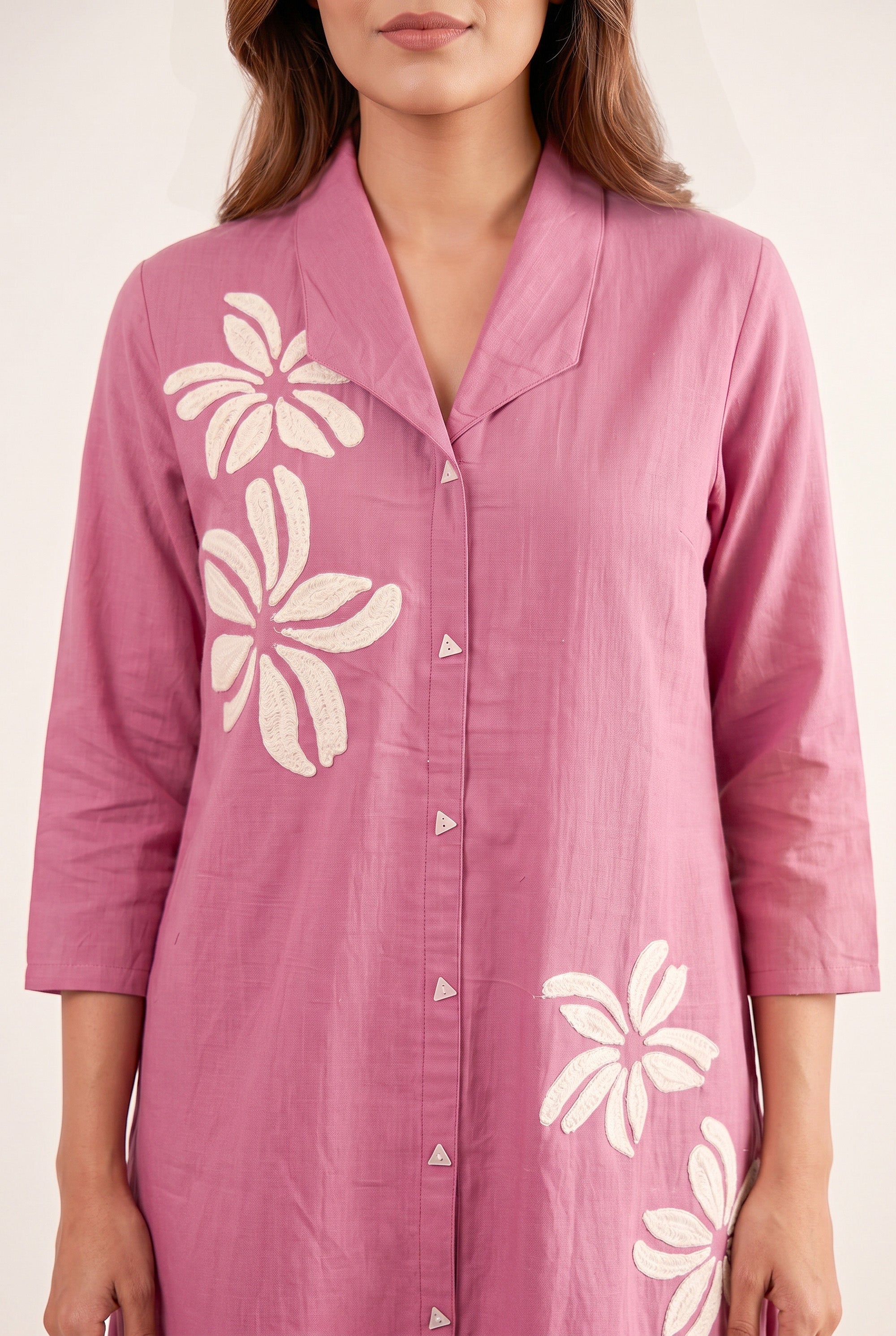 Pink Floral Embroidery Shirt Collar Cotton Flex Co-ord Set