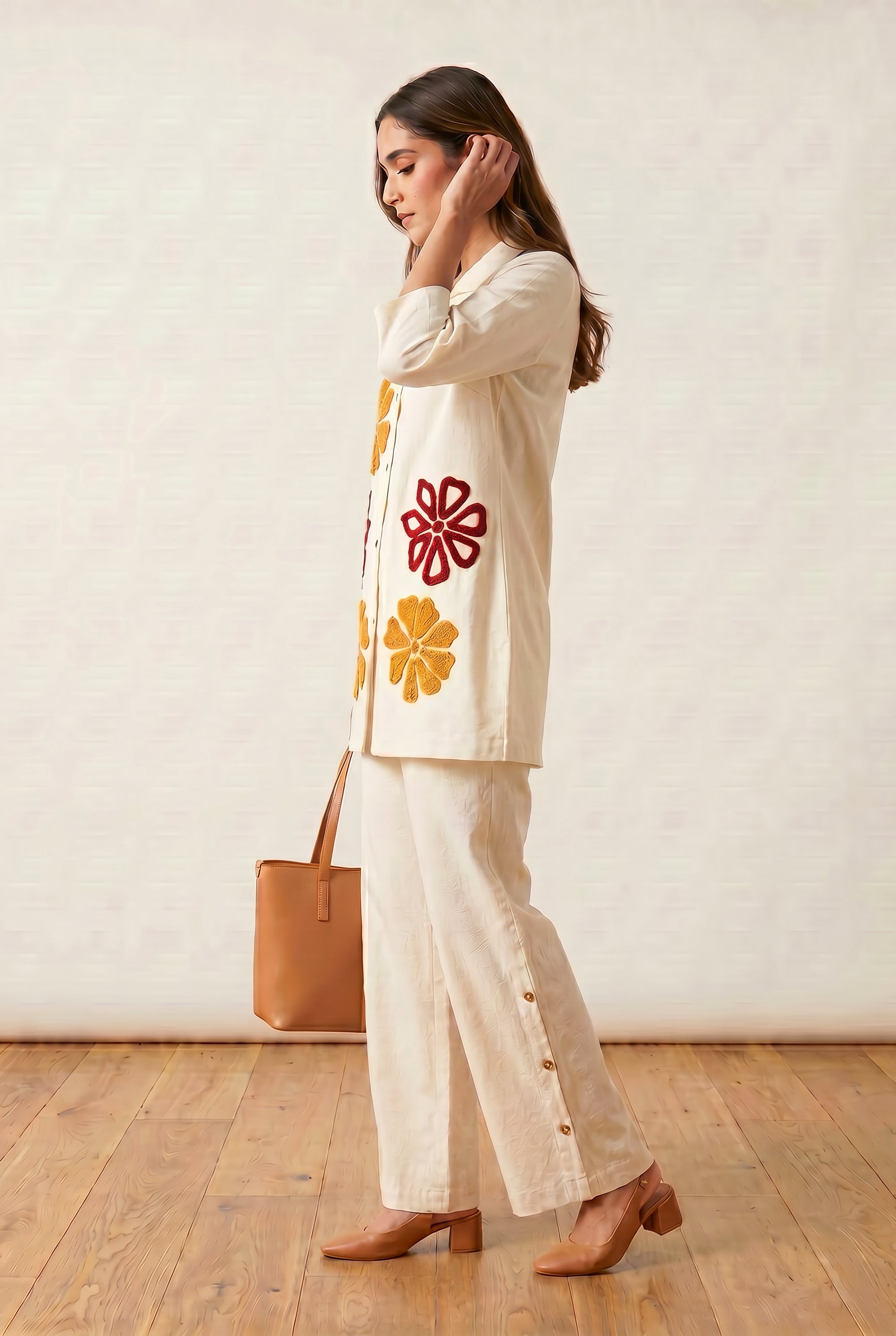 Off White Floral Detail Shirt & Palazzo Embroidery Cotton Flex Co-ord Set