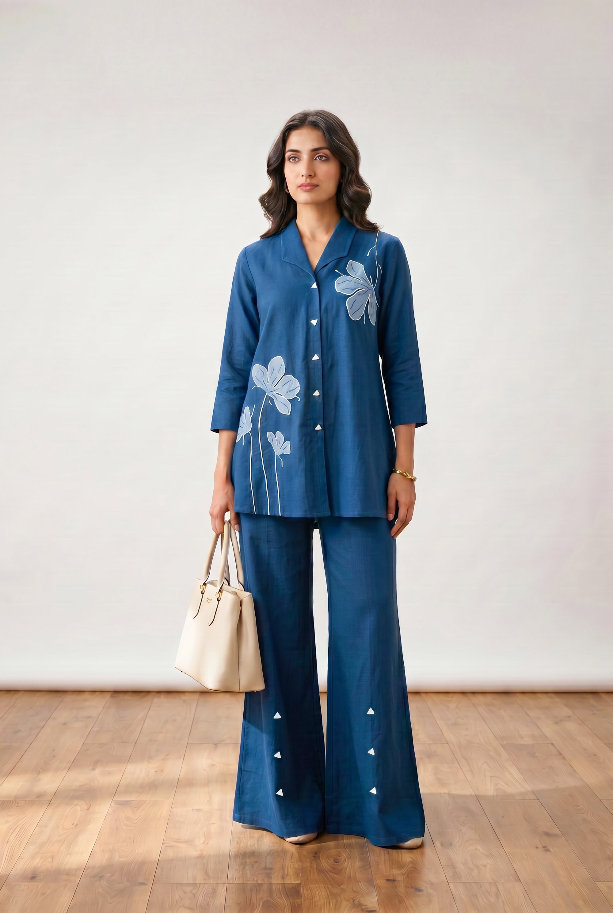 Blue Floral Embroidery Relaxed Fit Cotton Flex Co-ord Set