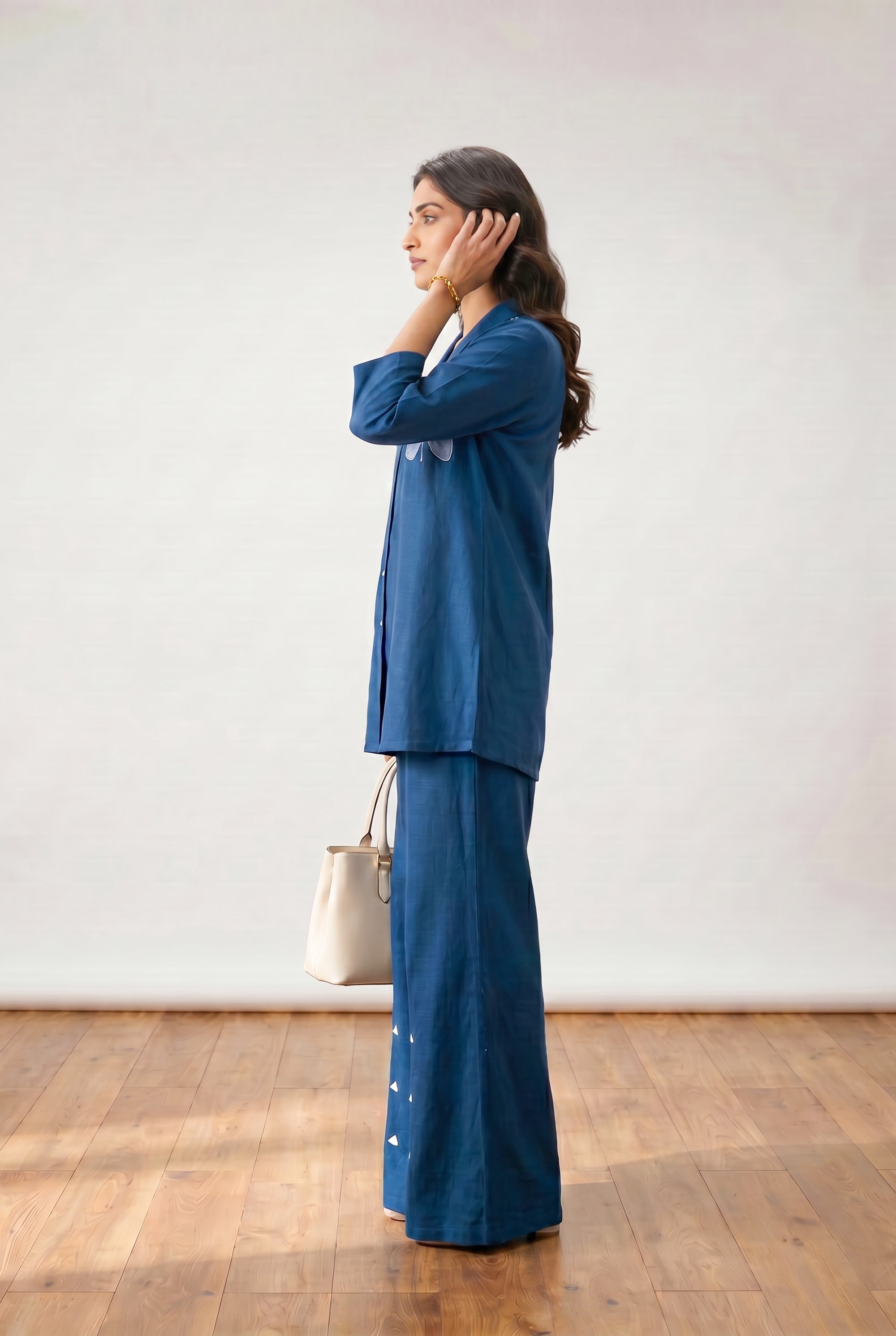 Blue Floral Embroidery Relaxed Fit Cotton Flex Co-ord Set