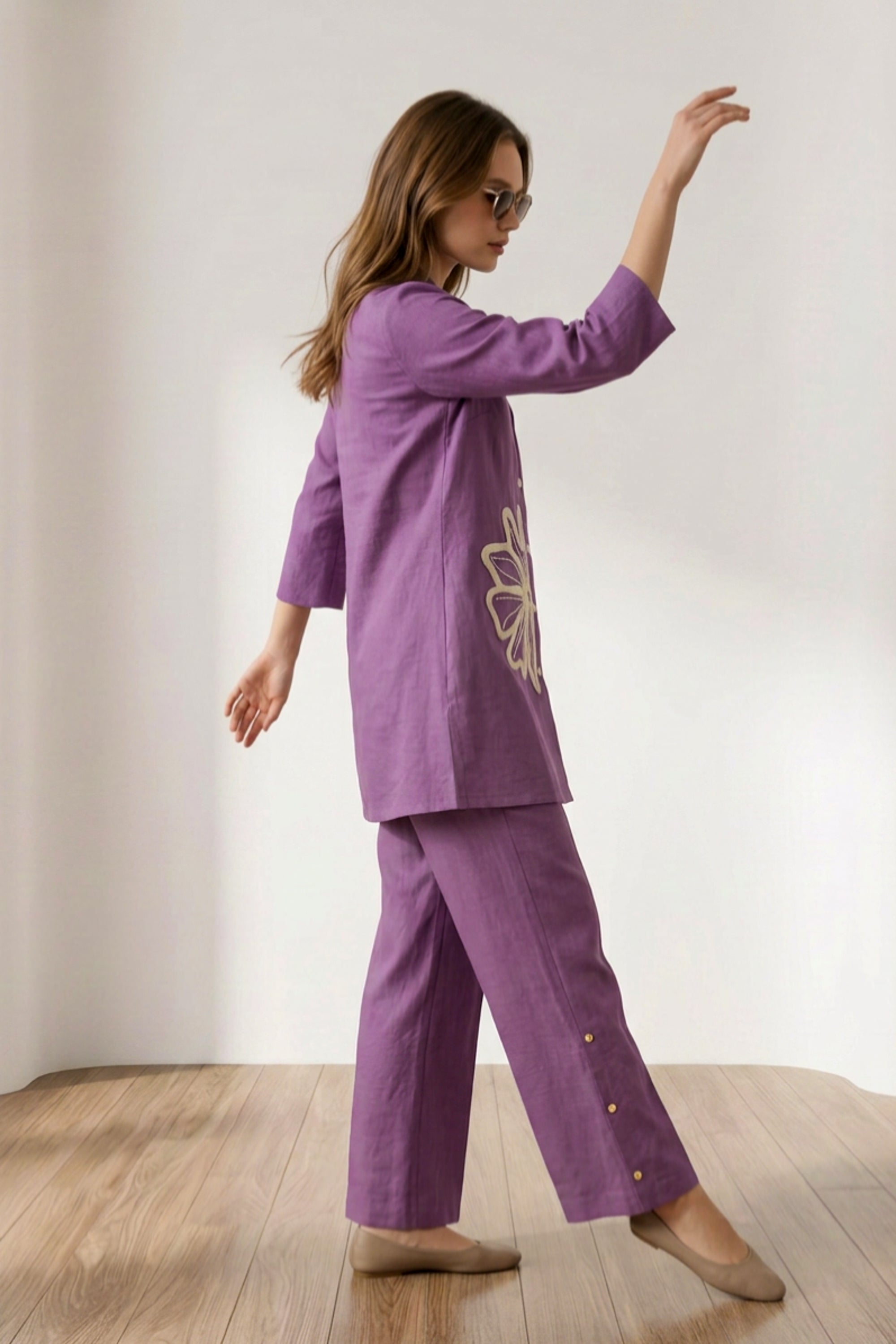 Purple Floral Embroidered Shirt Style Cotton flex Co-Ord Set