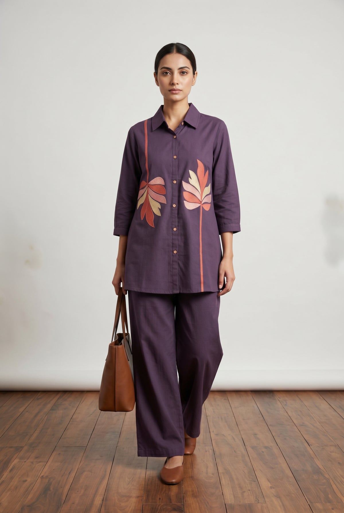 Deep Purple Abstract Leaf Embroidered Cotton Flex Co-ord Set