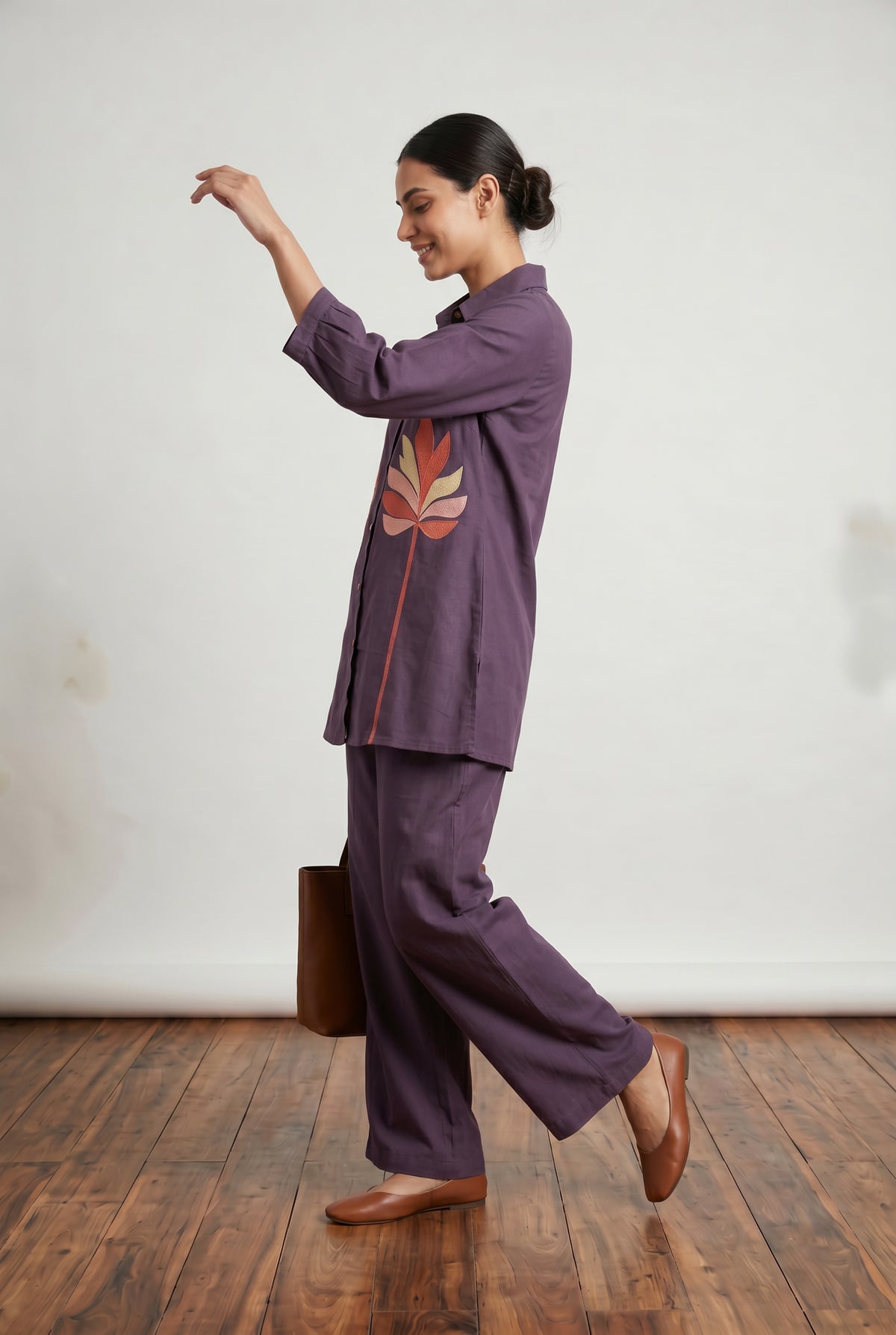 Deep Purple Abstract Leaf Embroidered Cotton Flex Co-ord Set
