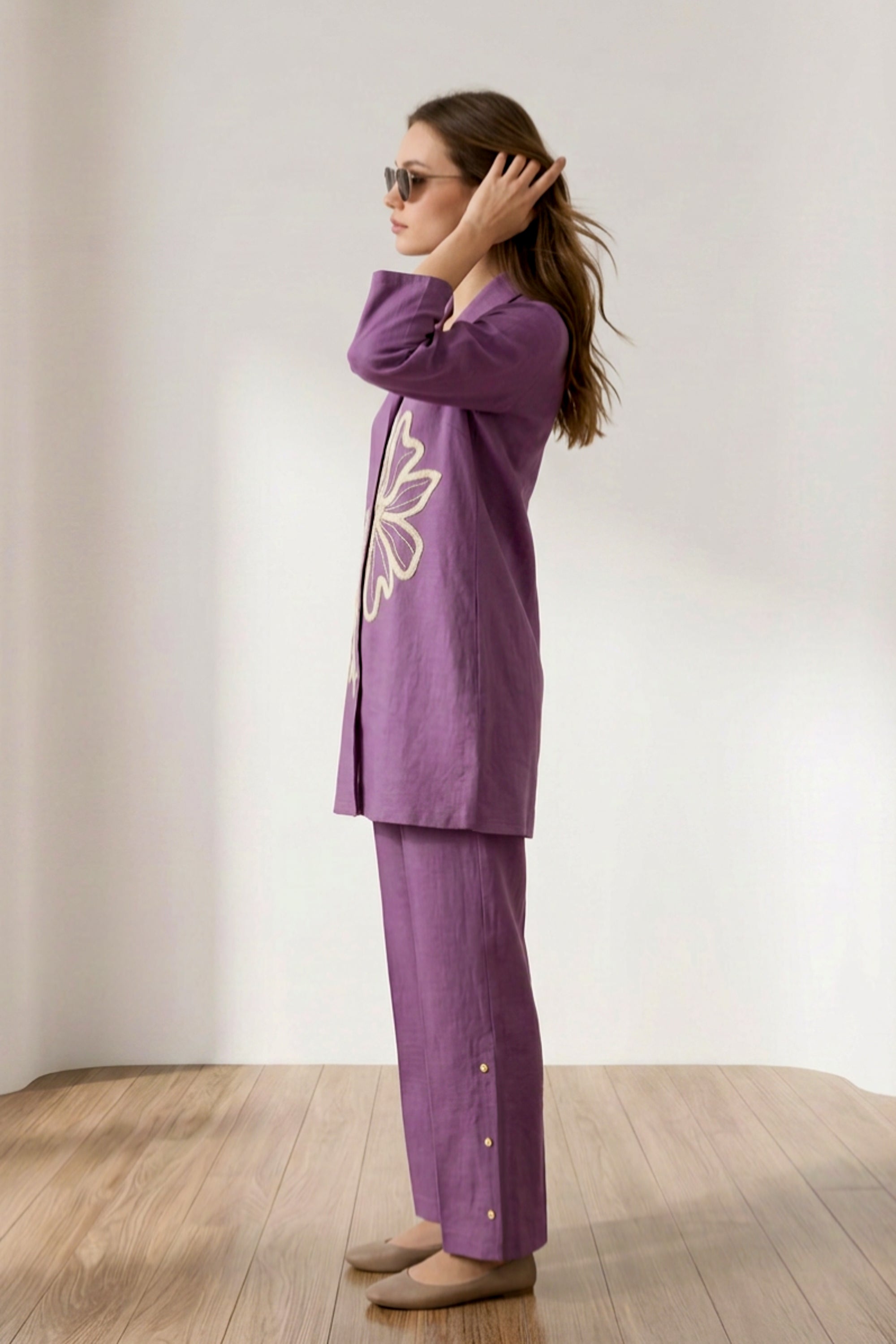 Purple Floral Embroidered Shirt Style Cotton flex Co-Ord Set