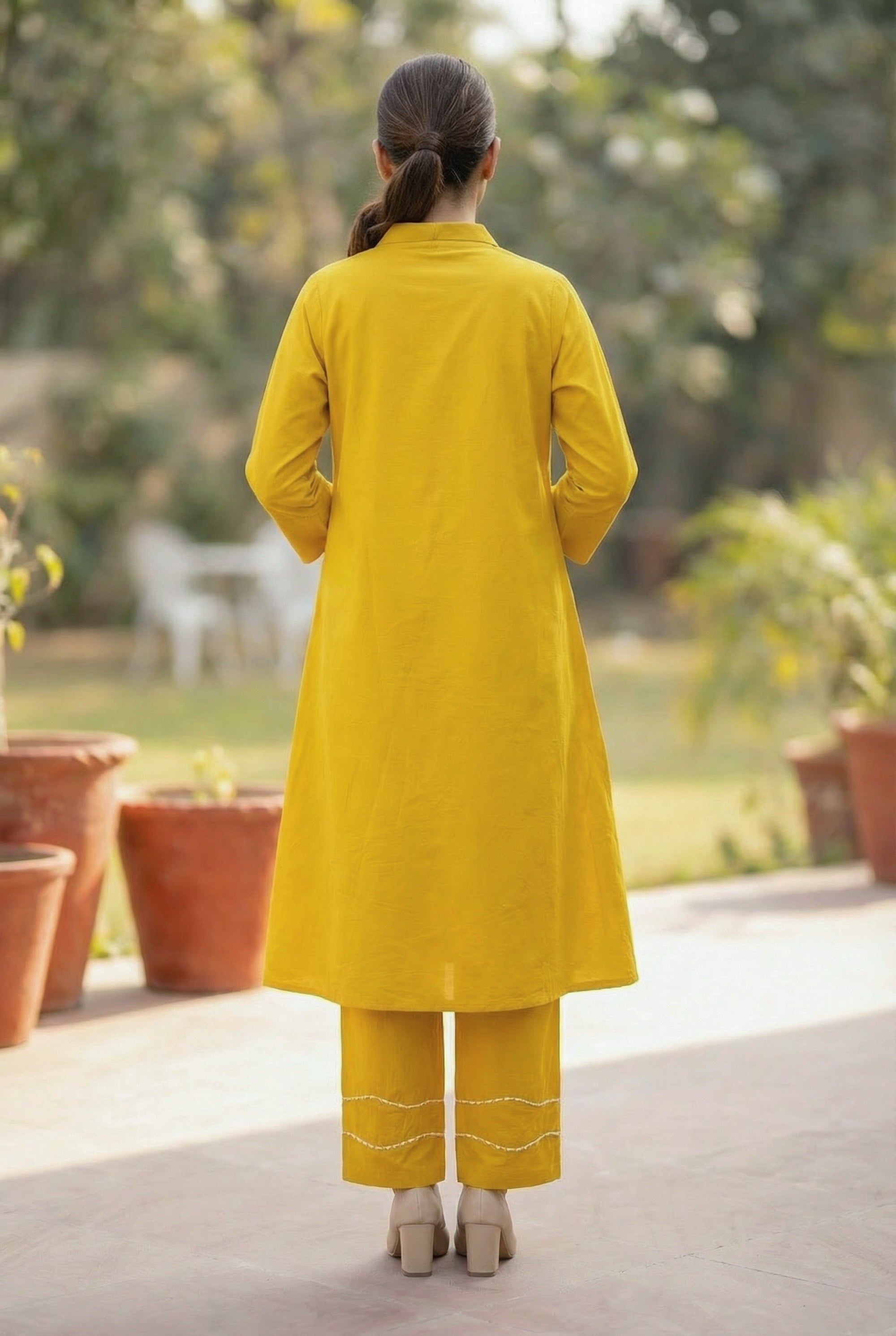 Yellow Embroidered Tulip Floral Threadwork Two-Piece Cotton Co-ord Set