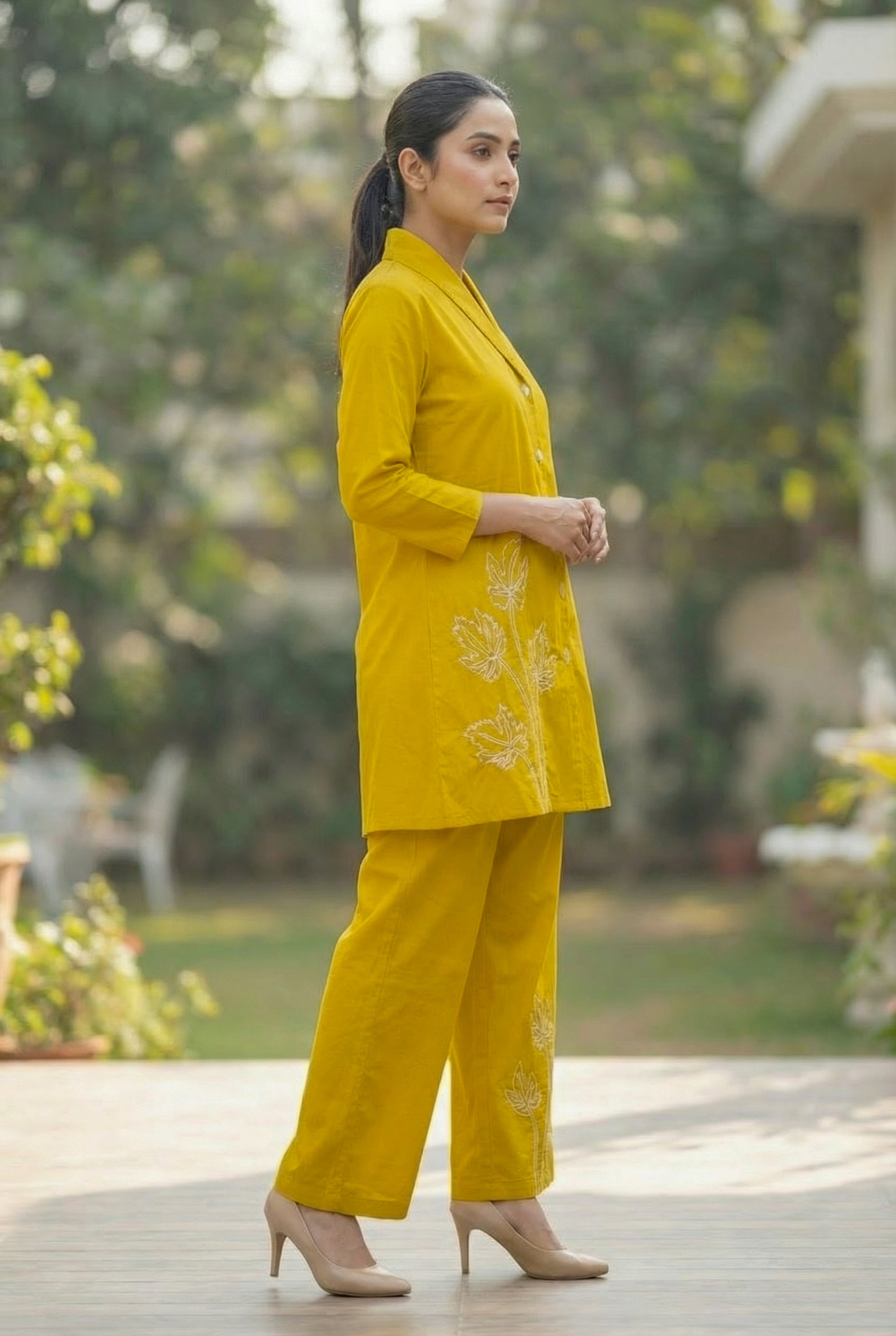 Mustard Sunbeam Leaf Embroidered Button-Down Cotton Co-ord Set