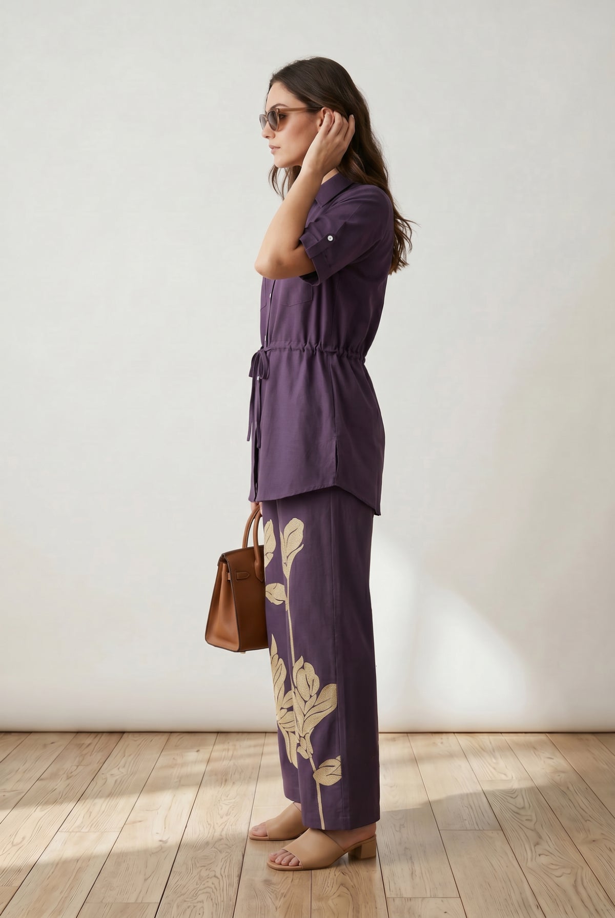 Purple Floral Embroidered Pant Cotton Flex Co-ord Set