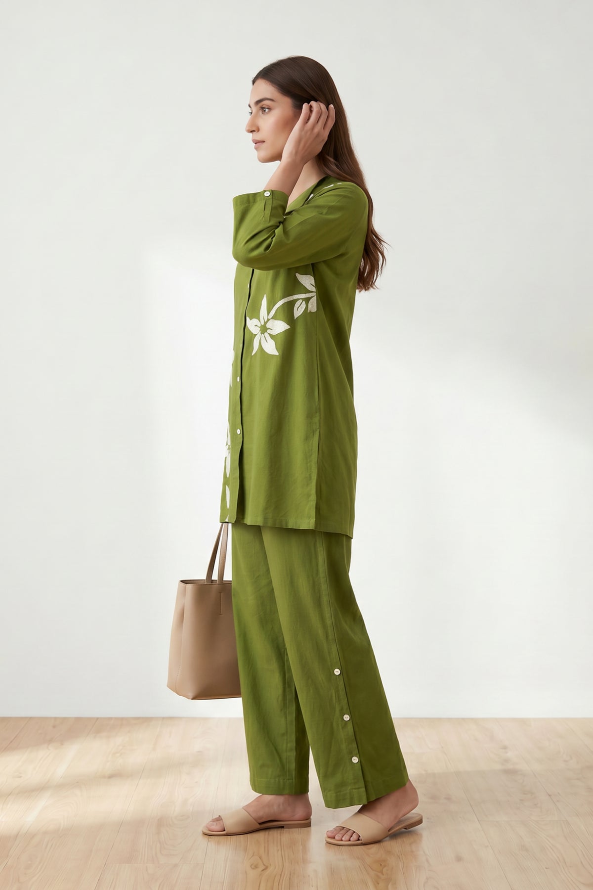 Olive Green Floral Embroidery Shirt & Trouser Cotton Flex Co-ord Set