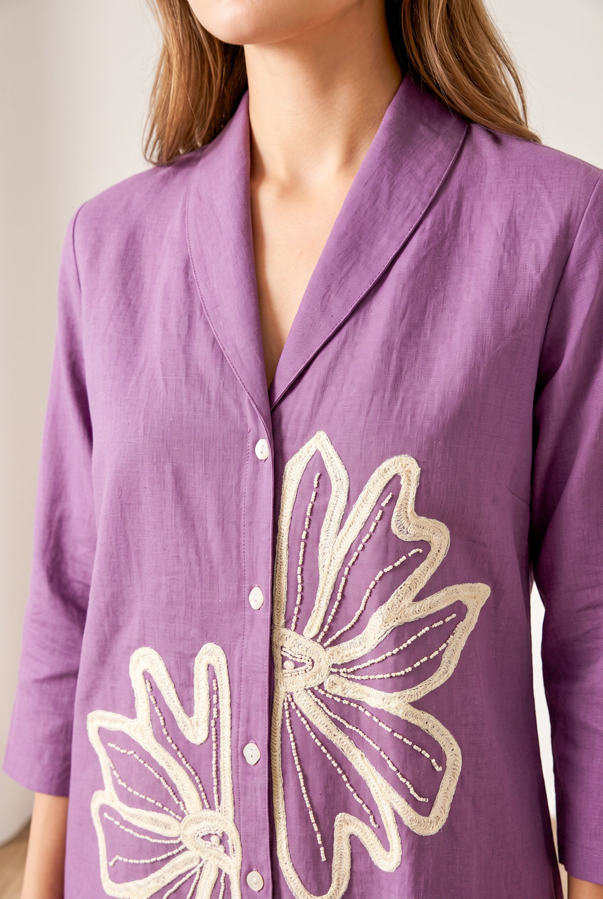 Purple Floral Embroidered Shirt Style Cotton flex Co-Ord Set