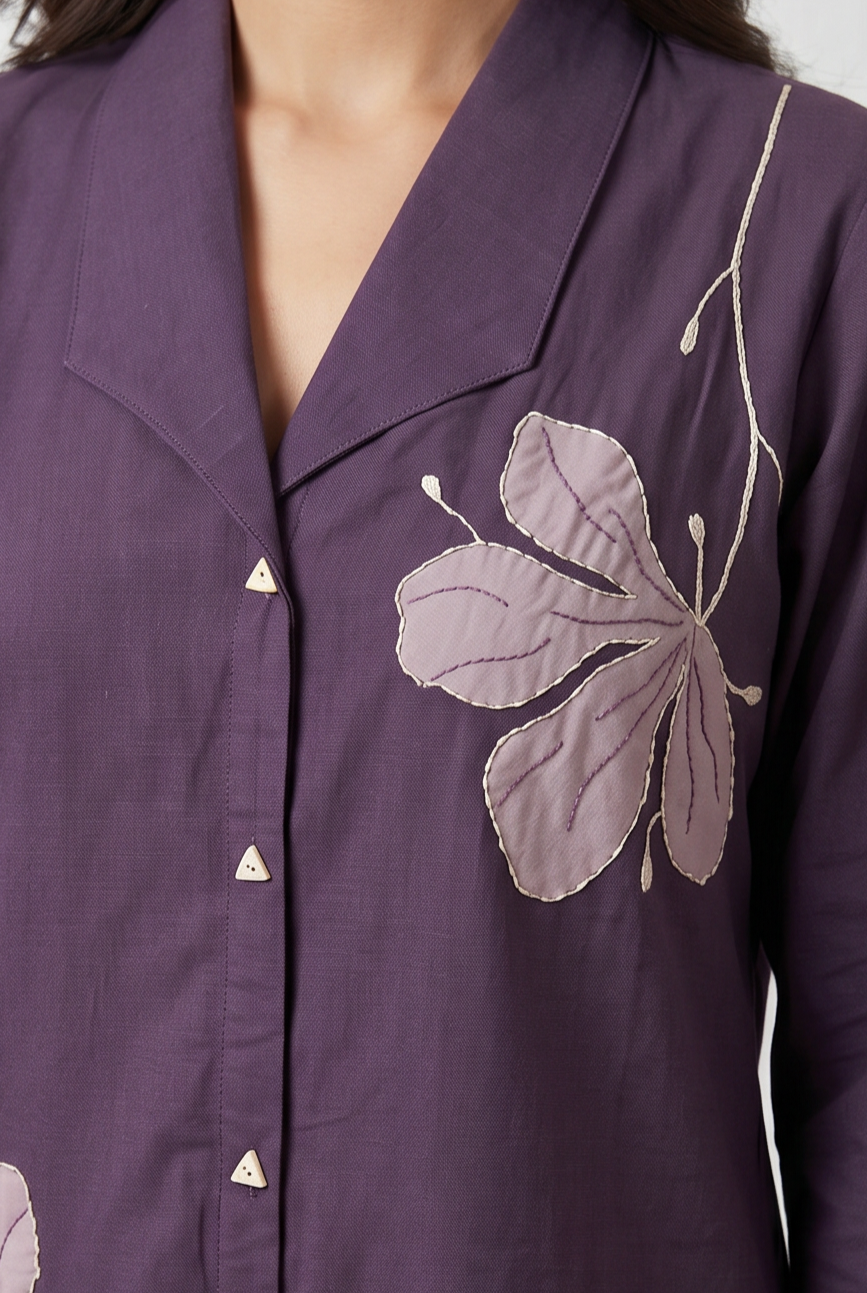 Purple Floral Applique Cotton Flex Co-Ord Set