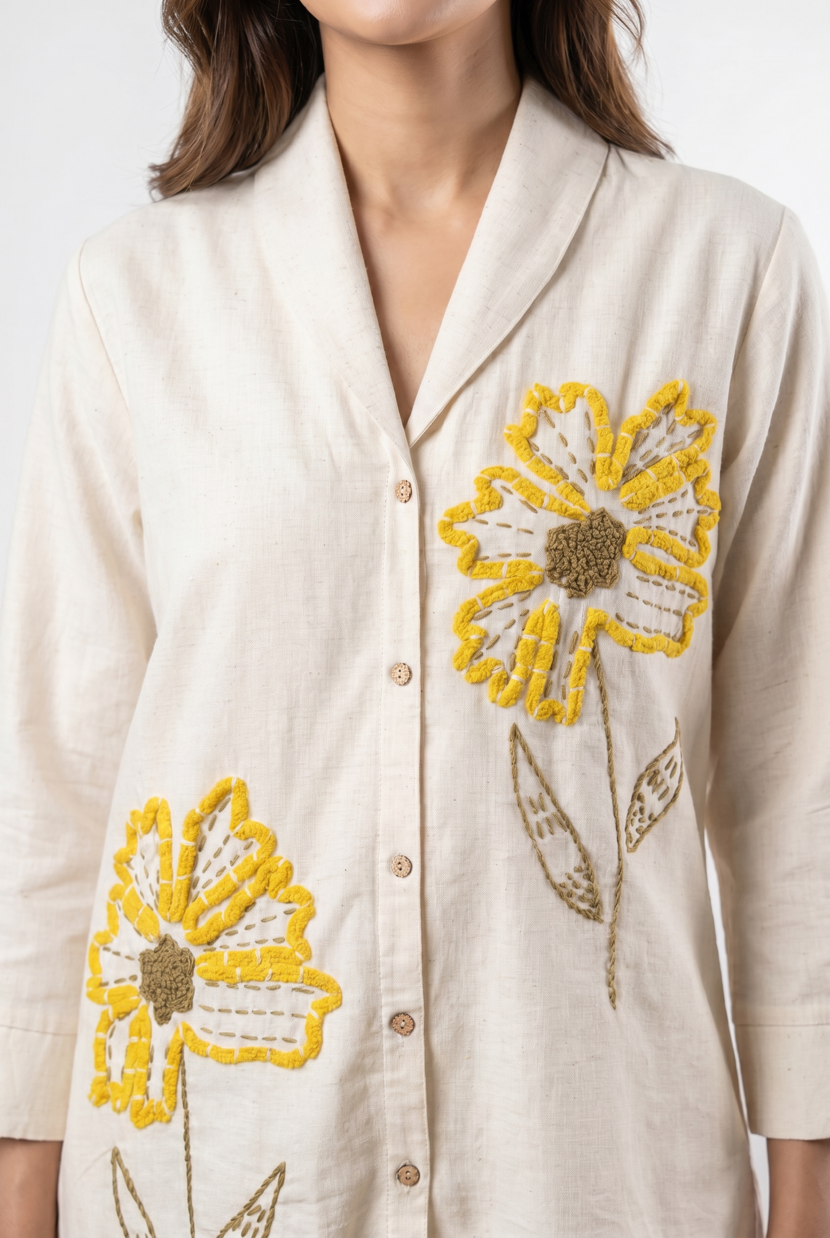 Off White Floral Applique Cotton Flex Co-Ord Set