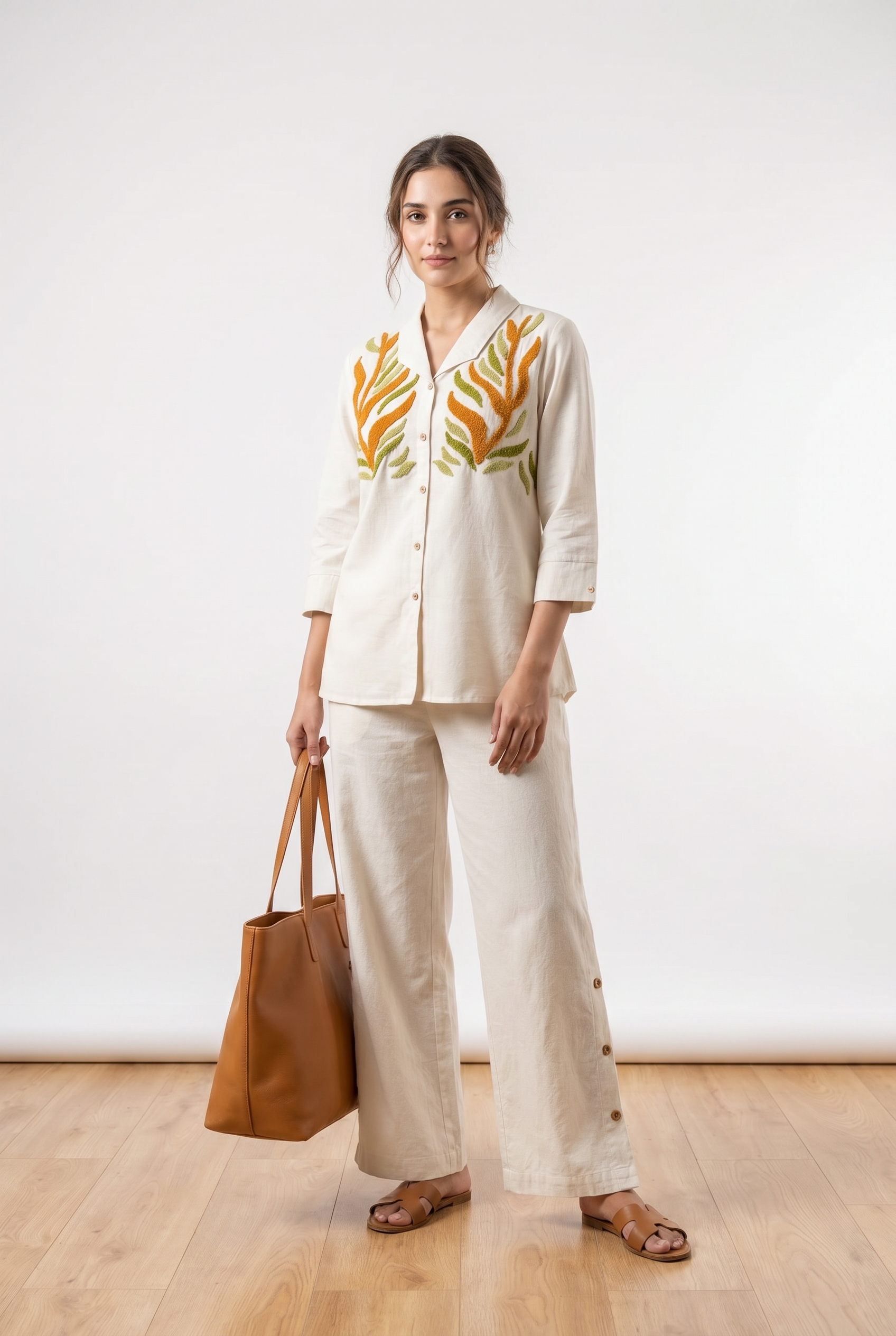Off White Leaf Embroidered Cotton Co-Ord Set