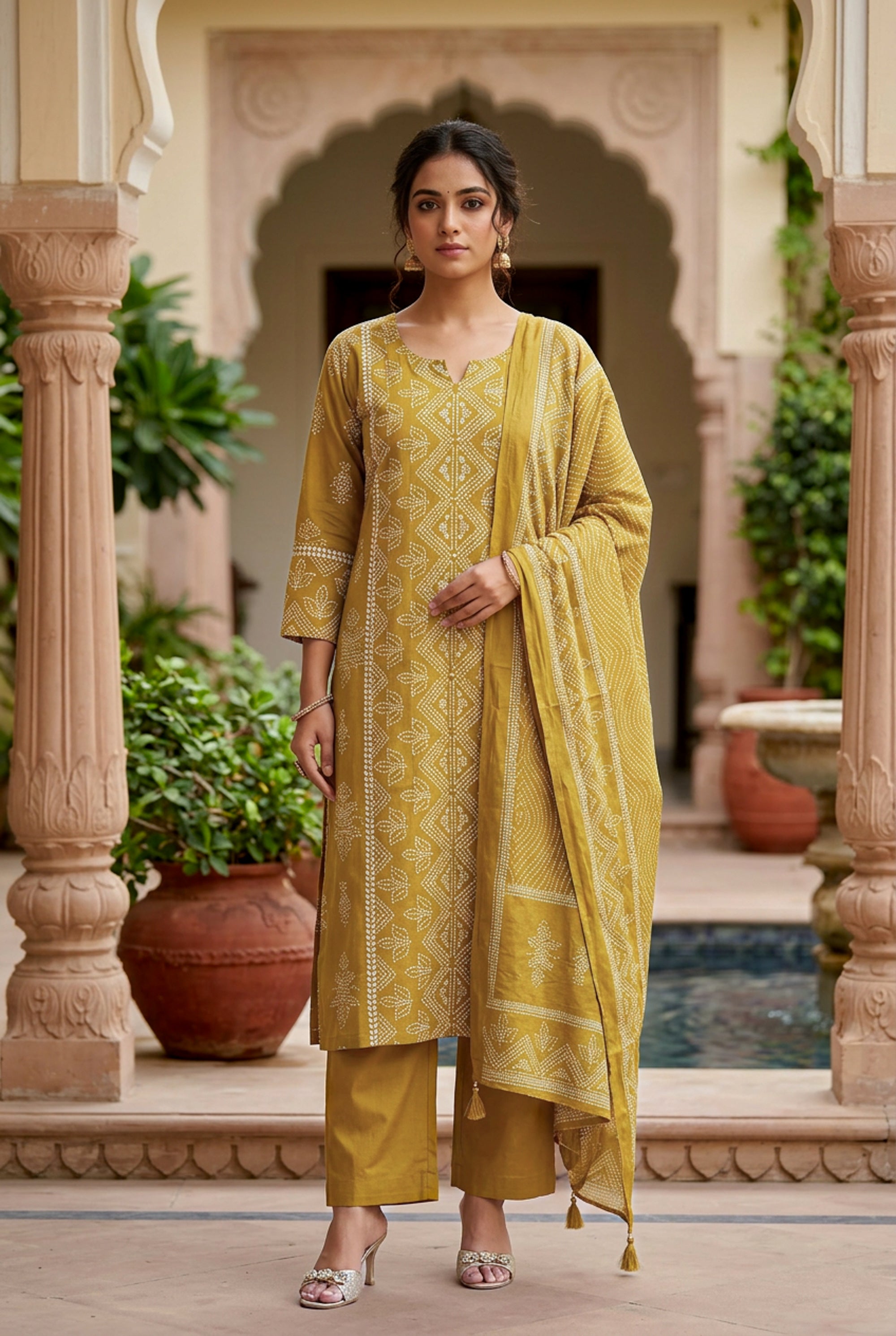 Golden Mustard Ochre Traditional Motif Printed Cotton  Kurta Set with Dupatta