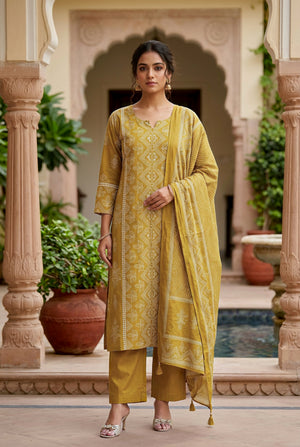 Golden Mustard Ochre Traditional Motif Printed Cotton  Kurta Set with Dupatta