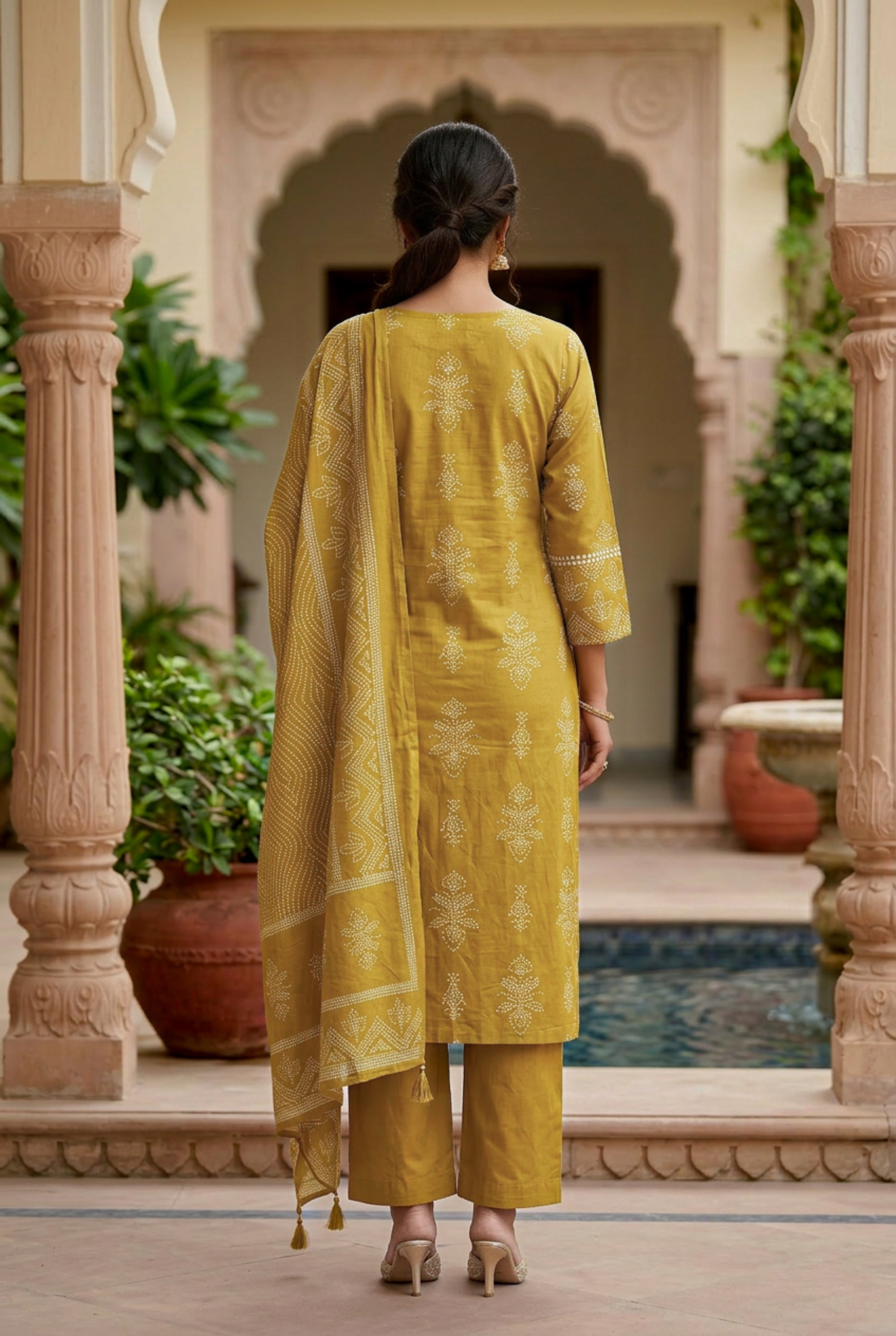 Golden Mustard Ochre Traditional Motif Printed Cotton  Kurta Set with Dupatta