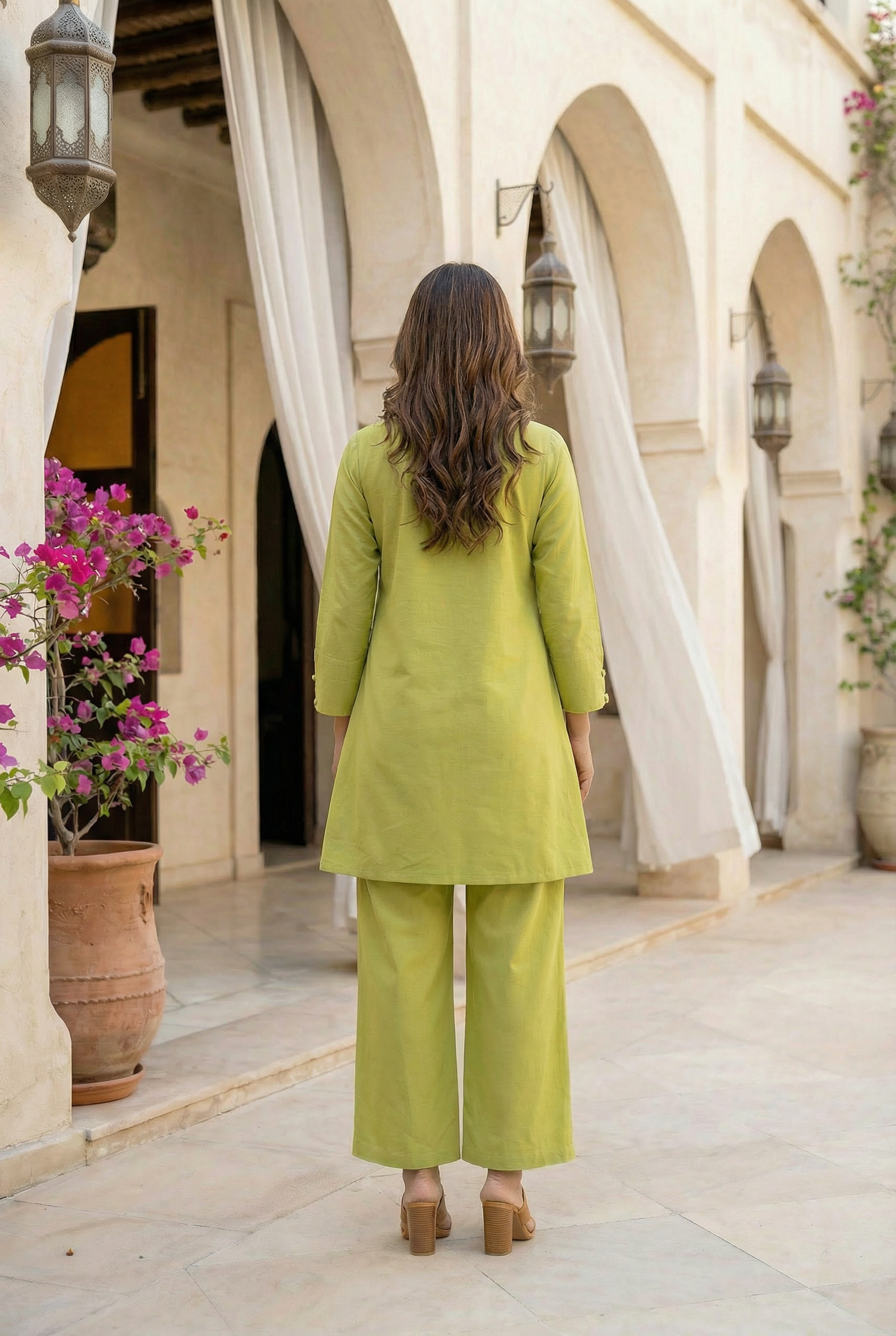 Lime Green Embroidered Straight Cotton Flex Co-ord Set