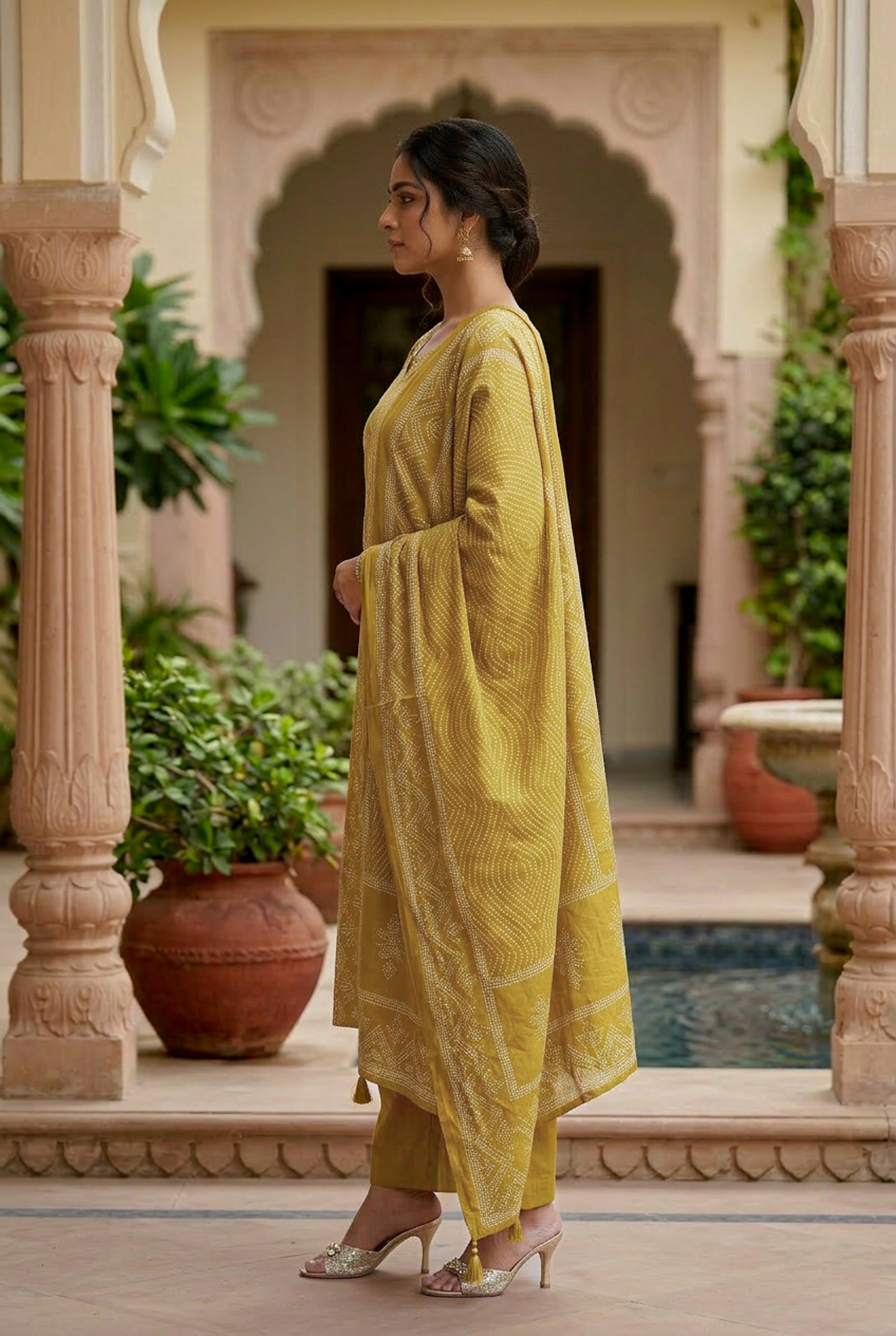 Golden Mustard Ochre Traditional Motif Printed Cotton  Kurta Set with Dupatta