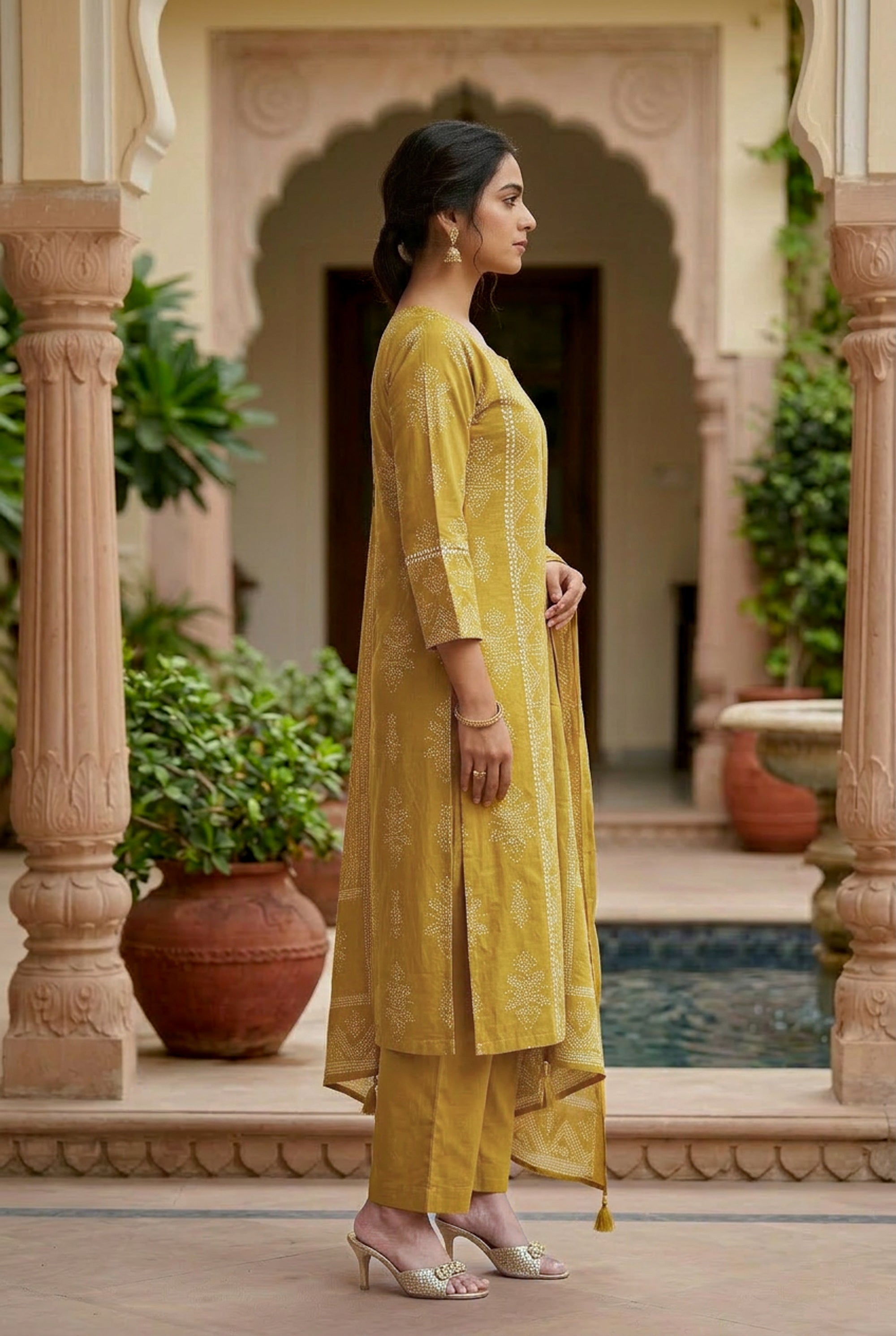 Golden Mustard Ochre Traditional Motif Printed Cotton  Kurta Set with Dupatta