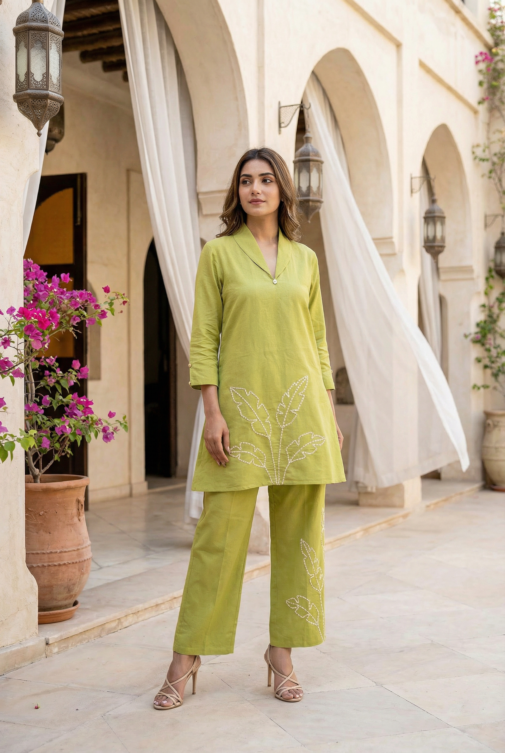 Lime Green Embroidered Straight Cotton Flex Co-ord Set
