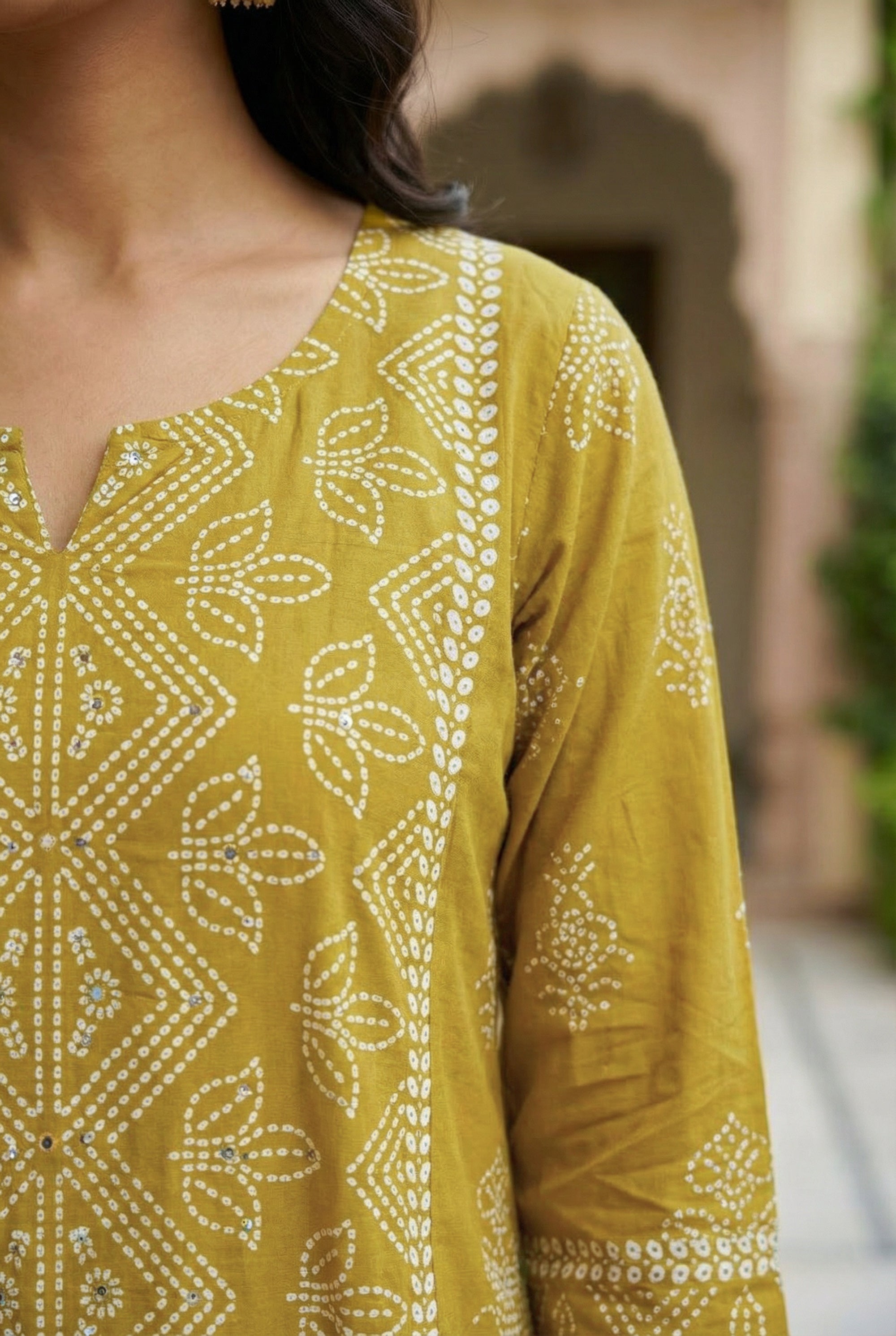 Golden Mustard Ochre Traditional Motif Printed Cotton  Kurta Set with Dupatta