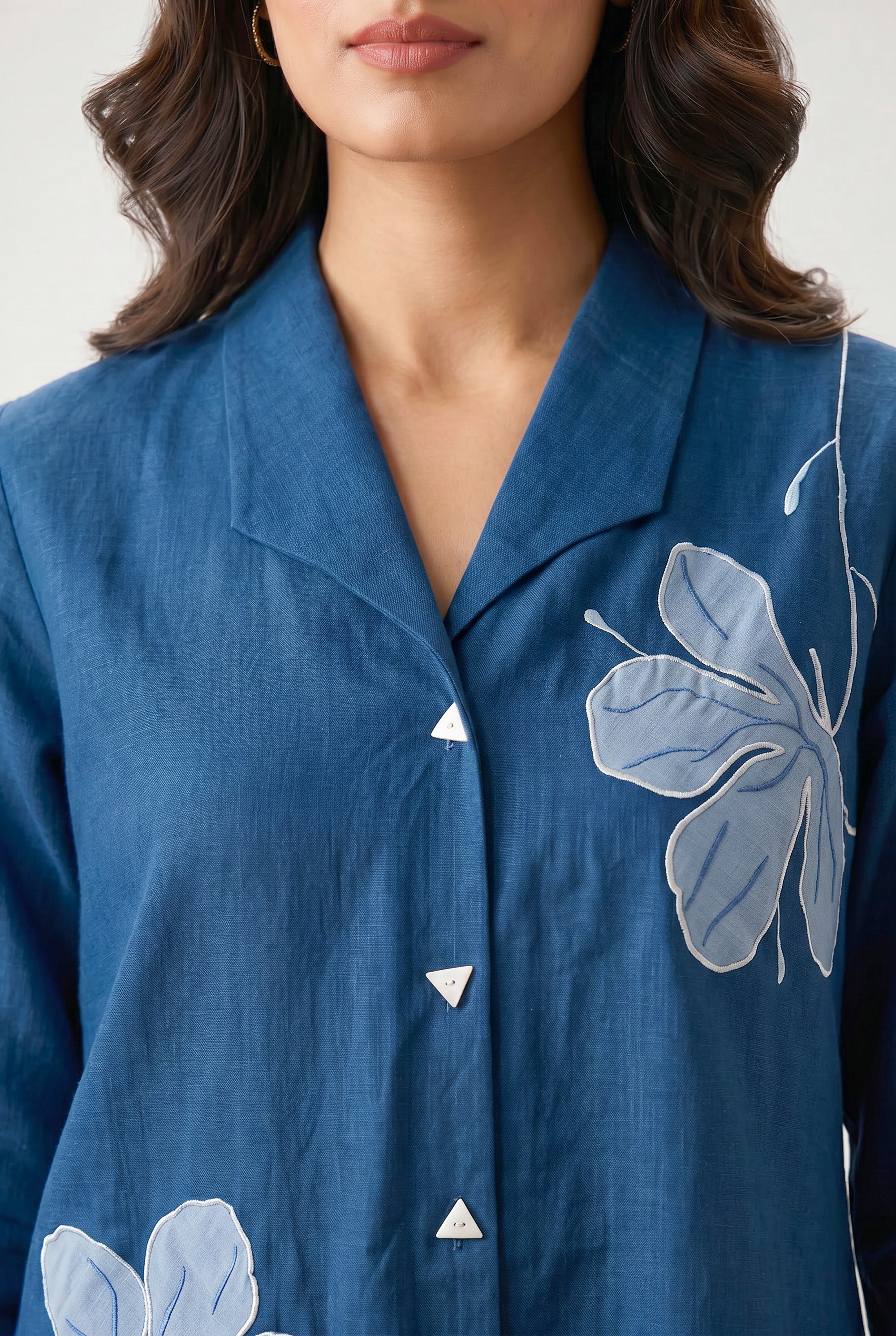 Blue Floral Embroidery Relaxed Fit Cotton Flex Co-ord Set