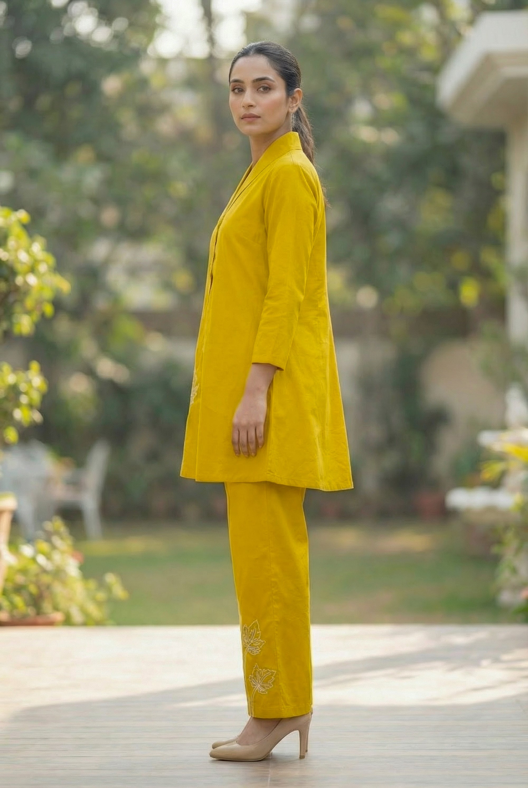 Mustard Sunbeam Leaf Embroidered Button-Down Cotton Co-ord Set