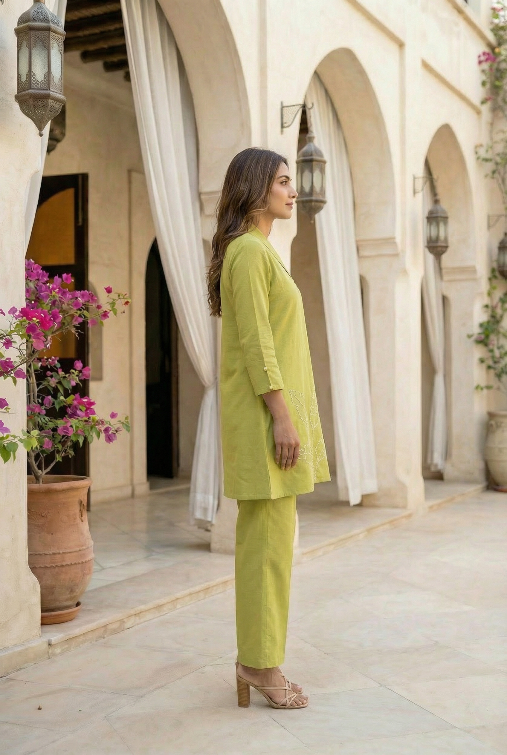 Lime Green Embroidered Straight Cotton Flex Co-ord Set