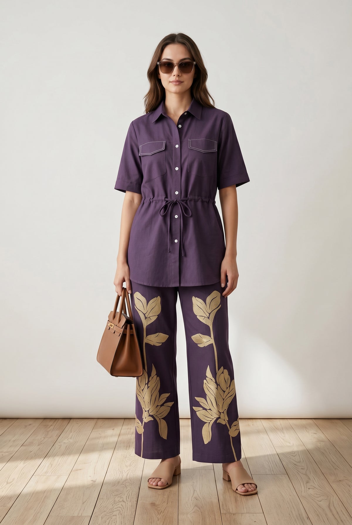 Purple Floral Embroidered Pant Cotton Flex Co-ord Set
