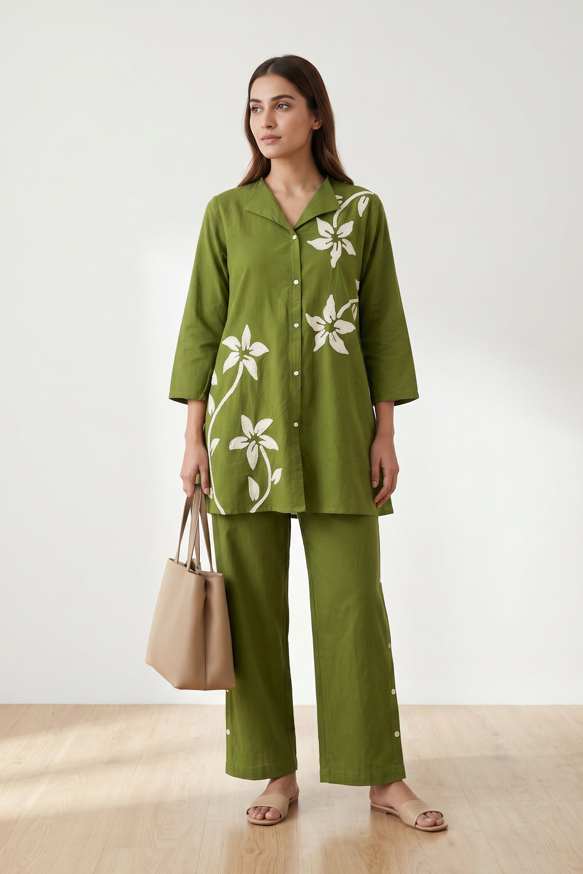 Olive Green Floral Embroidery Shirt & Trouser Cotton Flex Co-ord Set