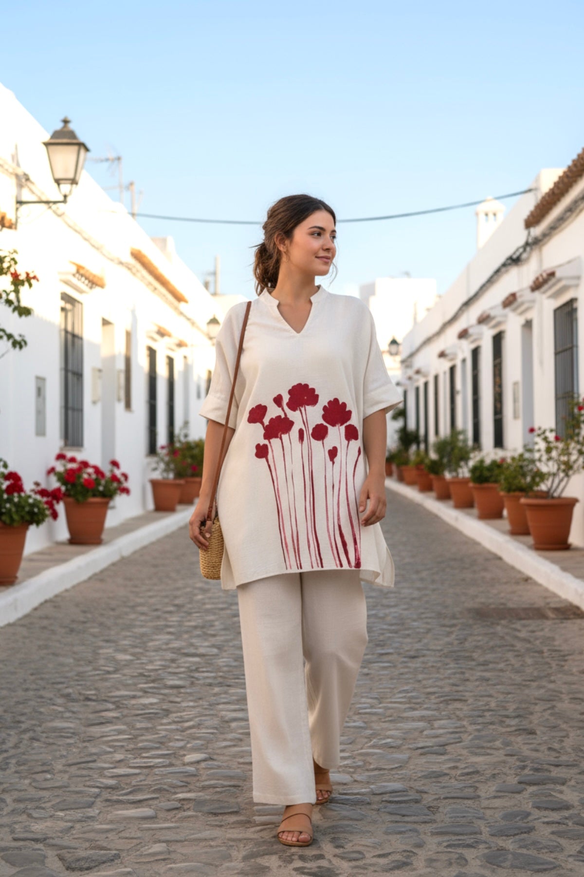 Off-White And Red Floral Print Tunic Cotton Flex Co-ord Set