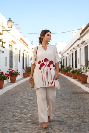 Off-White And Red Floral Print Tunic Cotton Flex Co-ord Set
