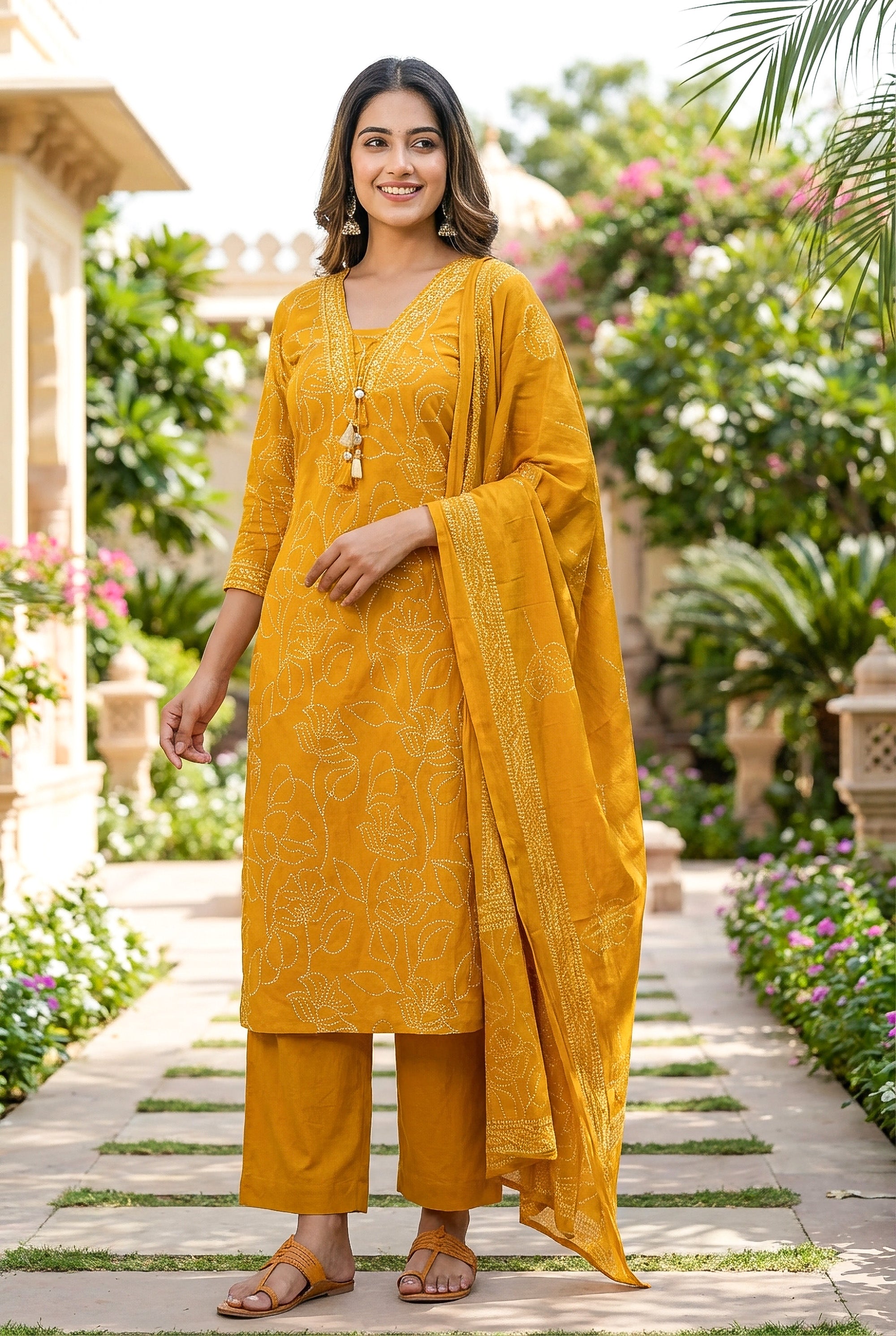 Elegant Mustard Floral Embroidered Kurta Set with Dupatta