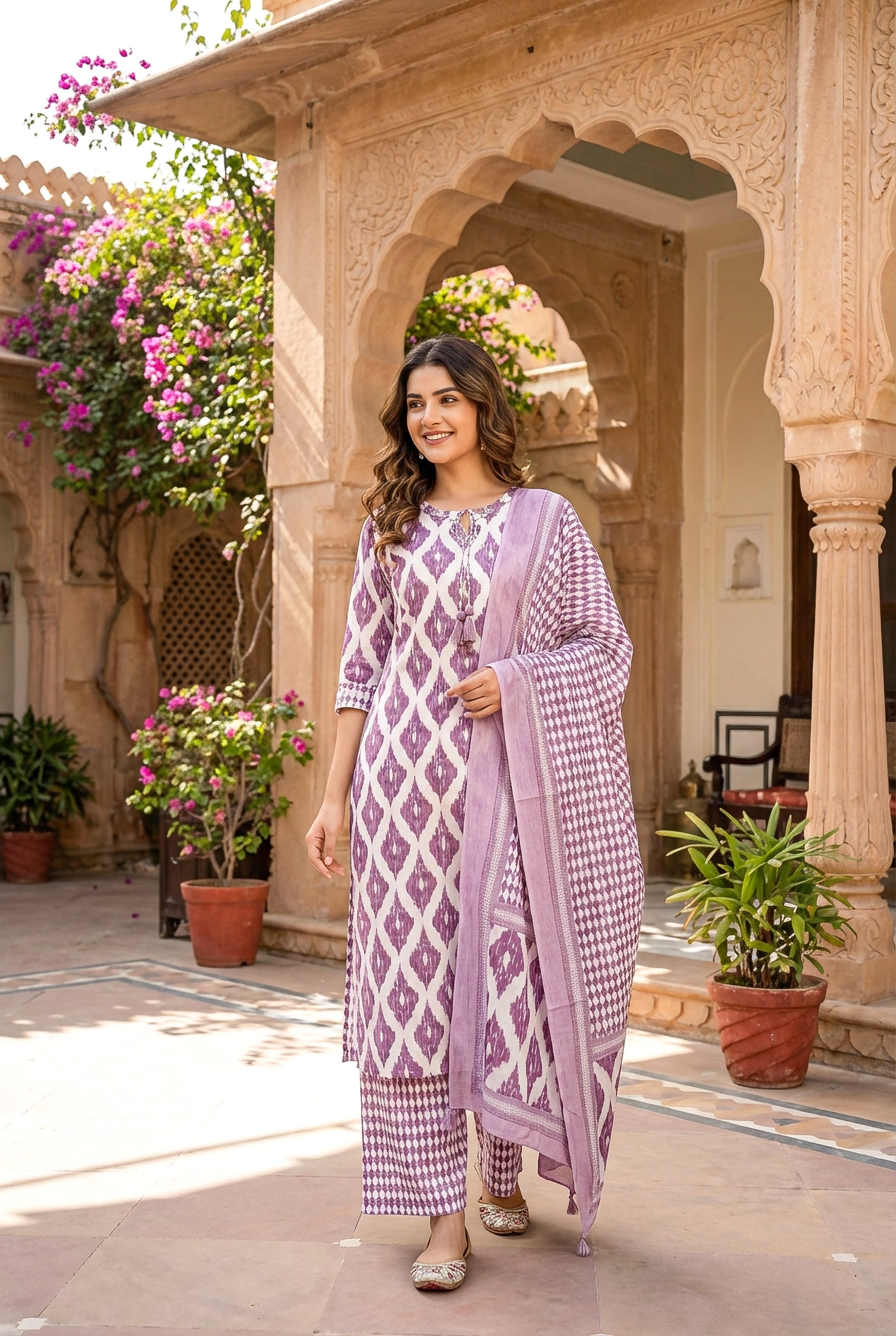 Lavender & White Ikat Printed Straight Kurta Set with Dupatta