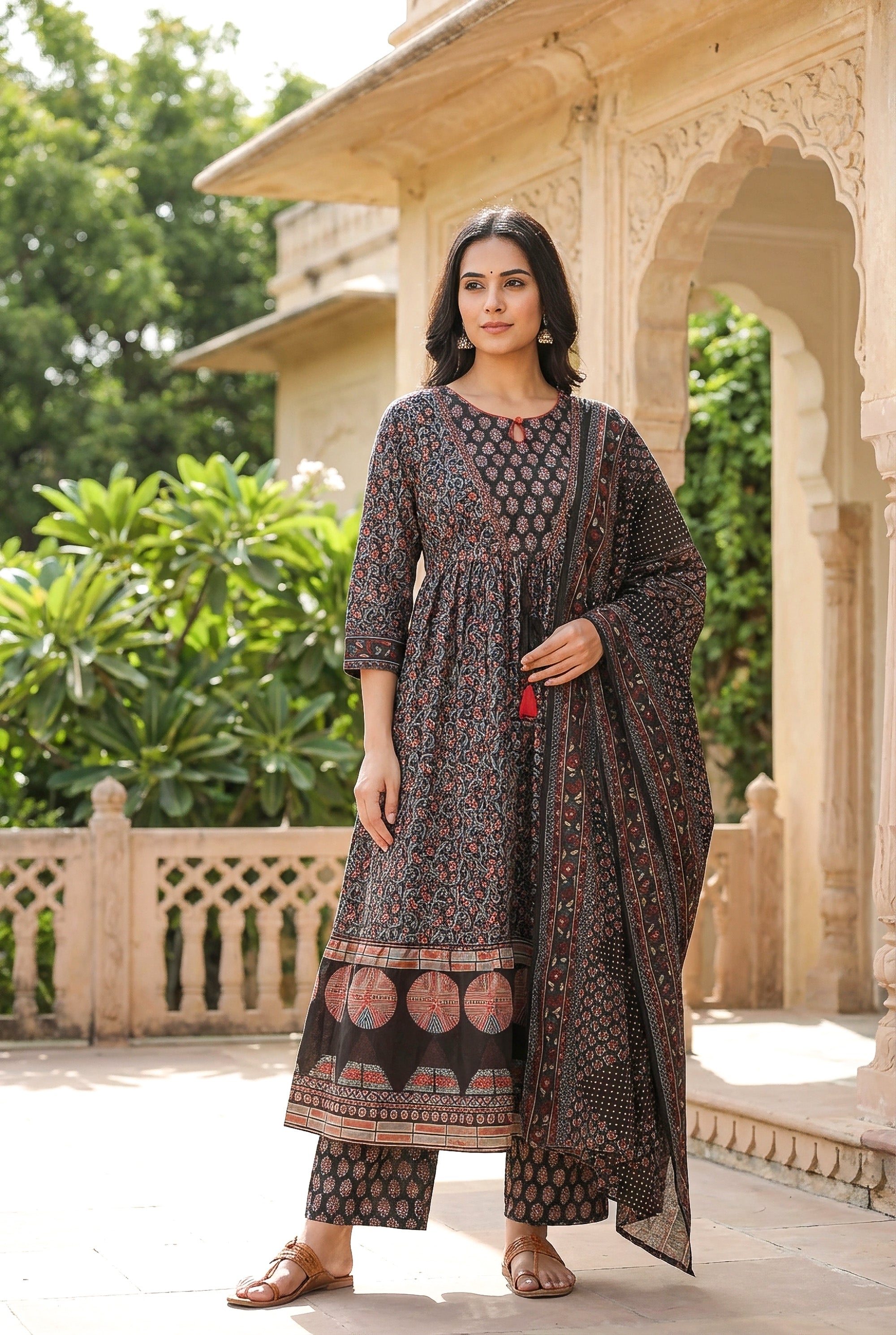 Midnight Black Ajrakh Printed Kurta Set with Pants & Dupatta