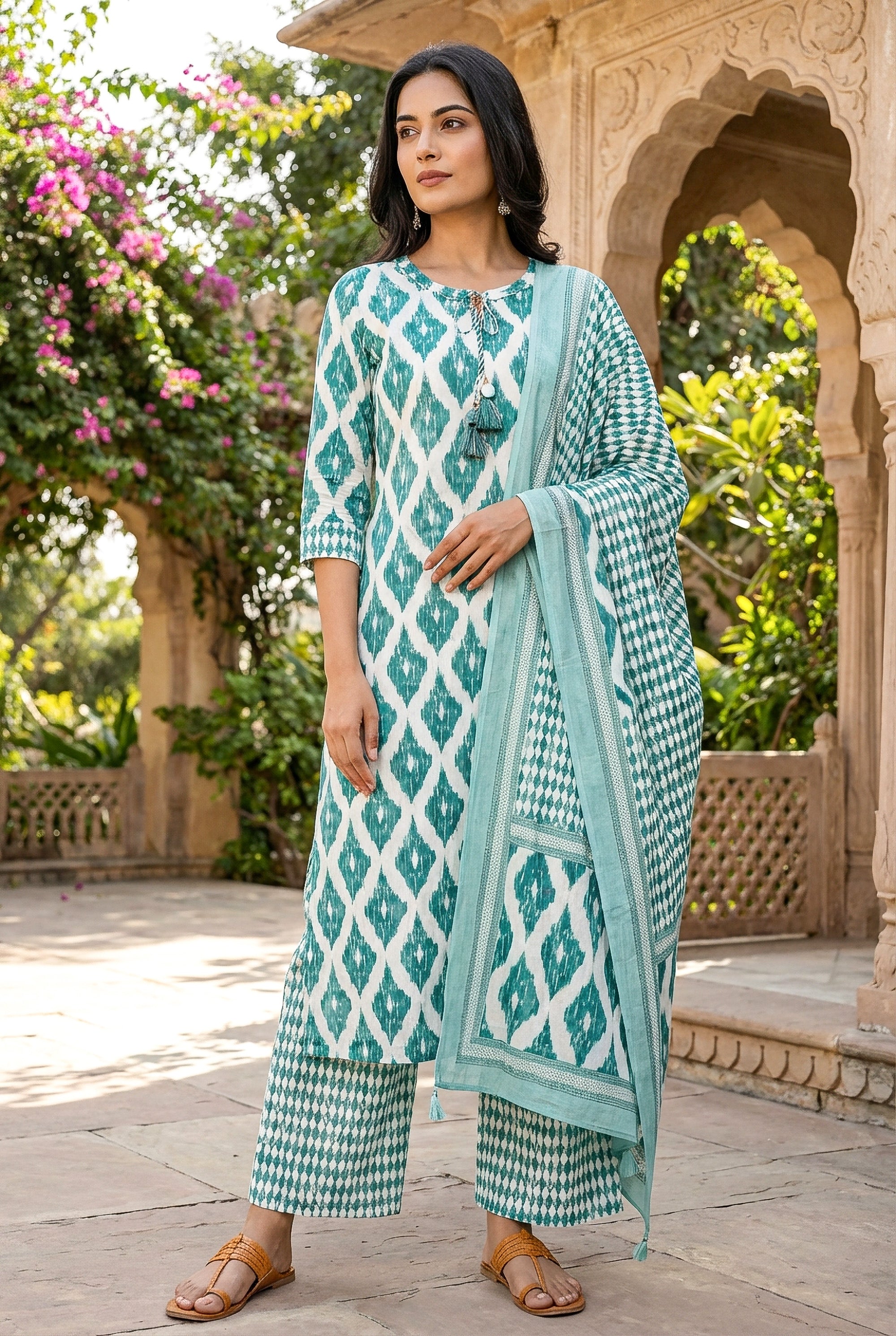 Teal Ikat Printed Straight Kurta with Palazzo Pants & Dupatta