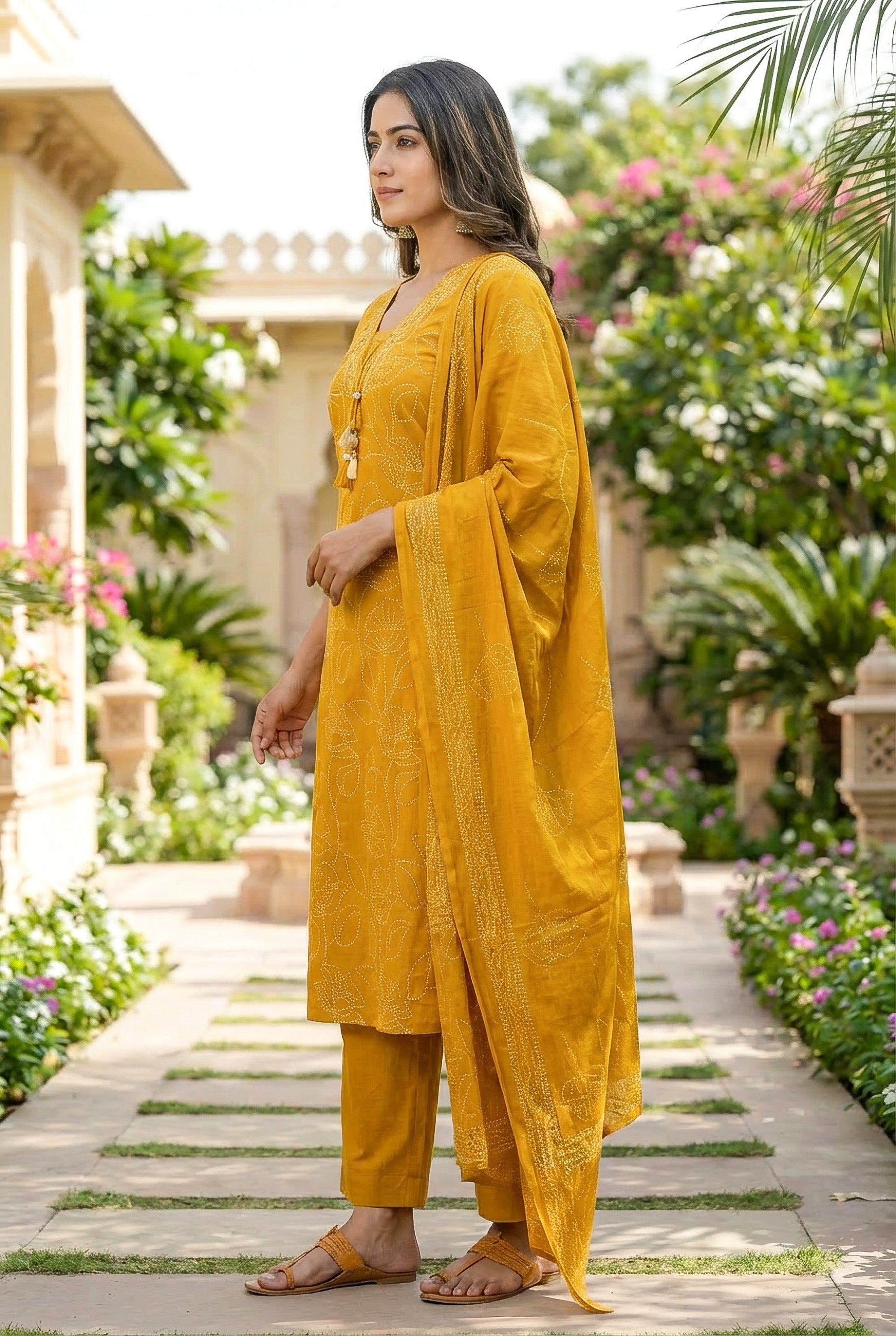 Elegant Mustard Floral Embroidered Kurta Set with Dupatta
