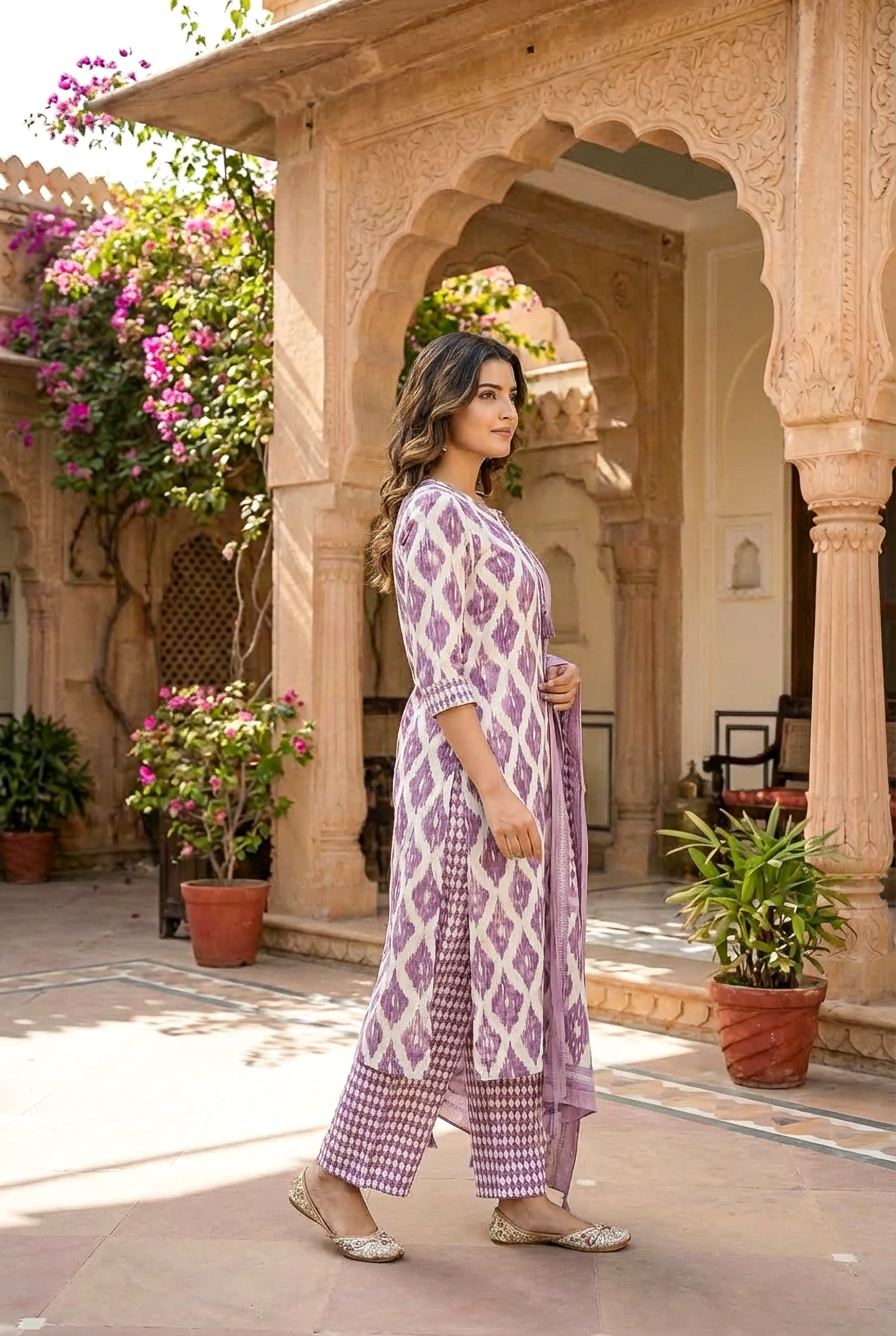 Lavender & White Ikat Printed Straight Kurta Set with Dupatta