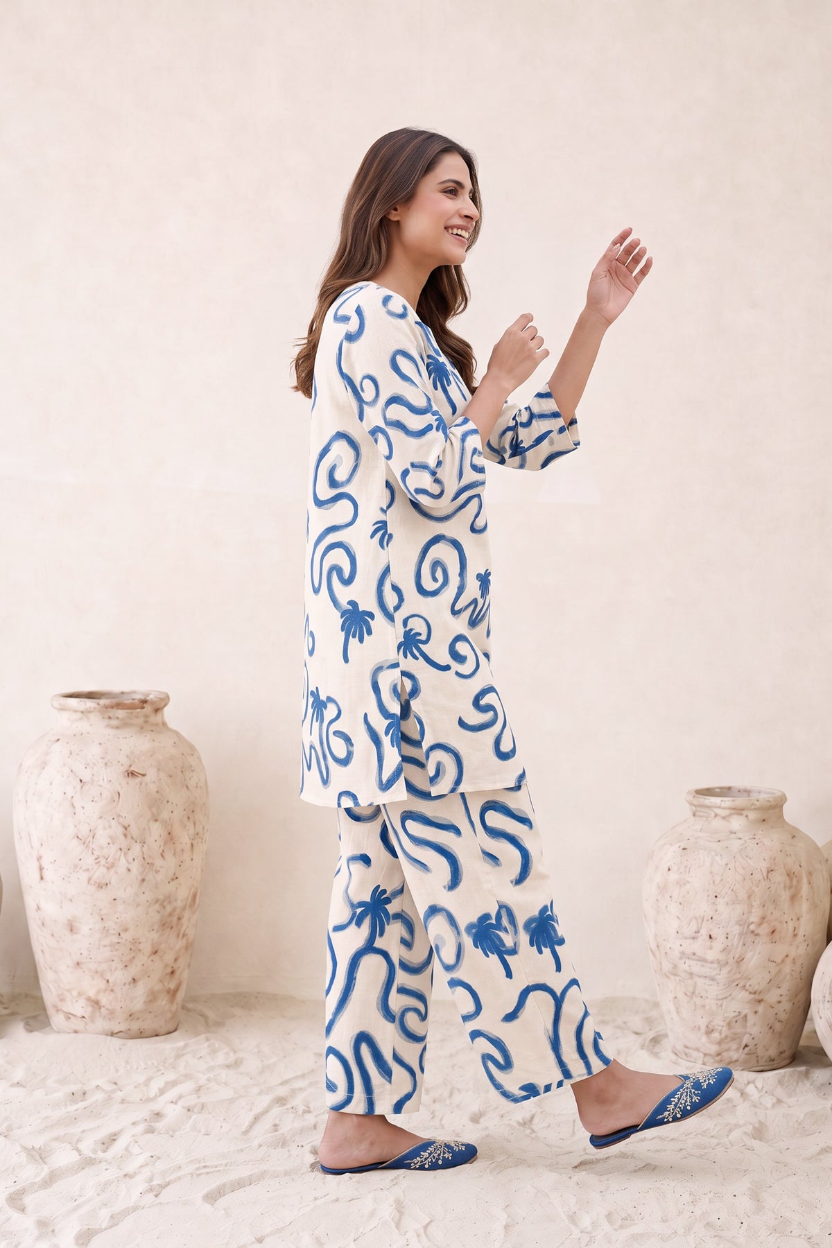 Off White Blue Wave Print Cotton Flex Co-ord Set