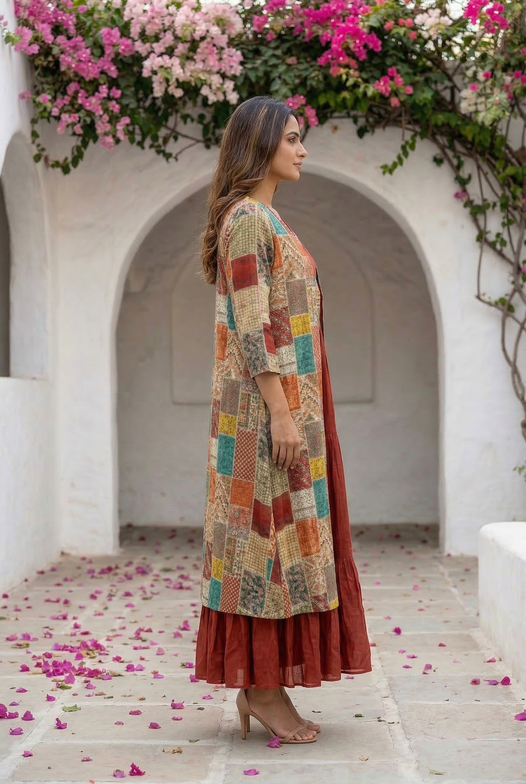 Multicolor Patchwork with Beige Anarkali Russian Silk Long Shrug Set