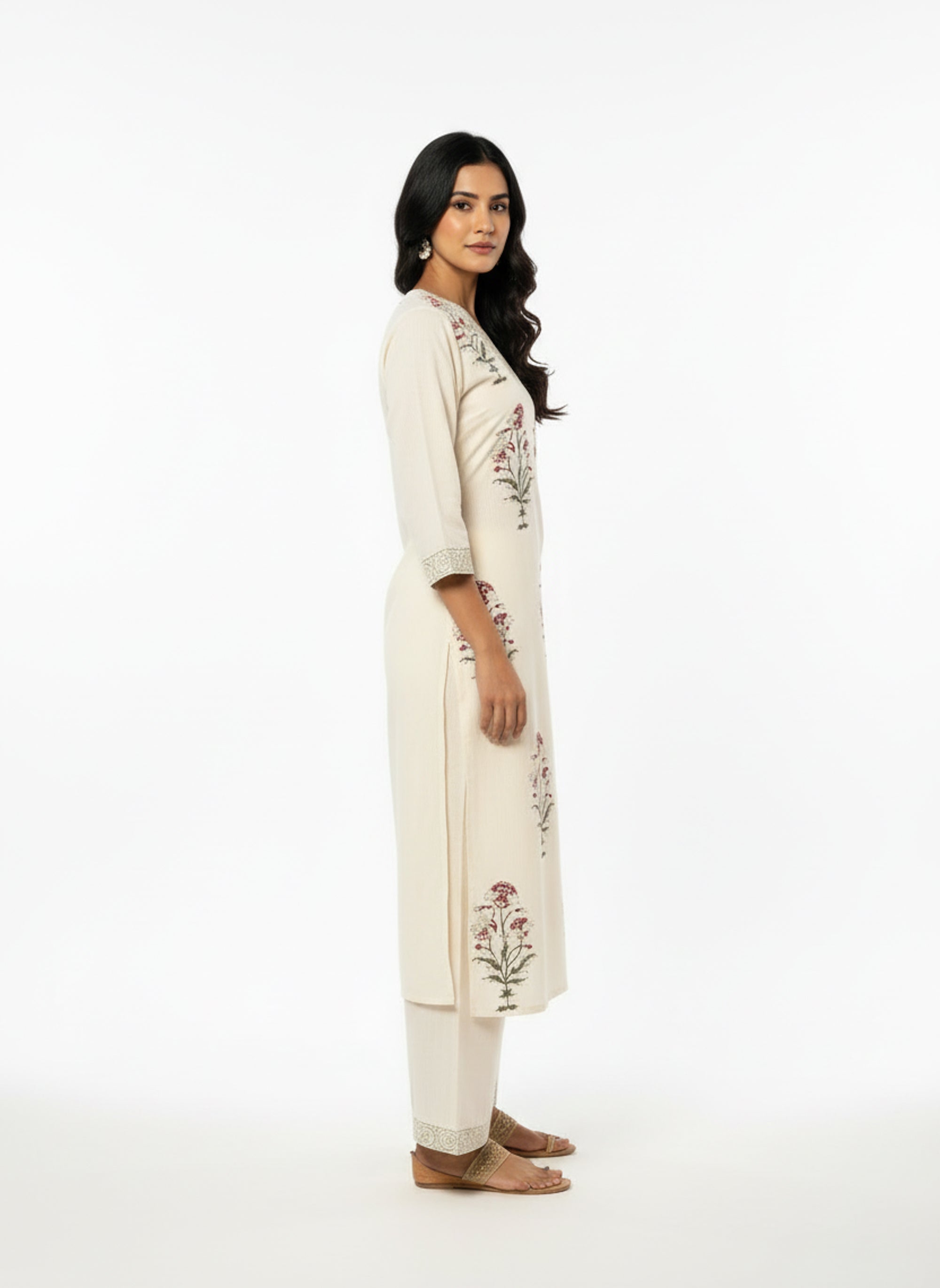 Graceful Ivory Floral Printed Kurta Set with Lace Border Detailing