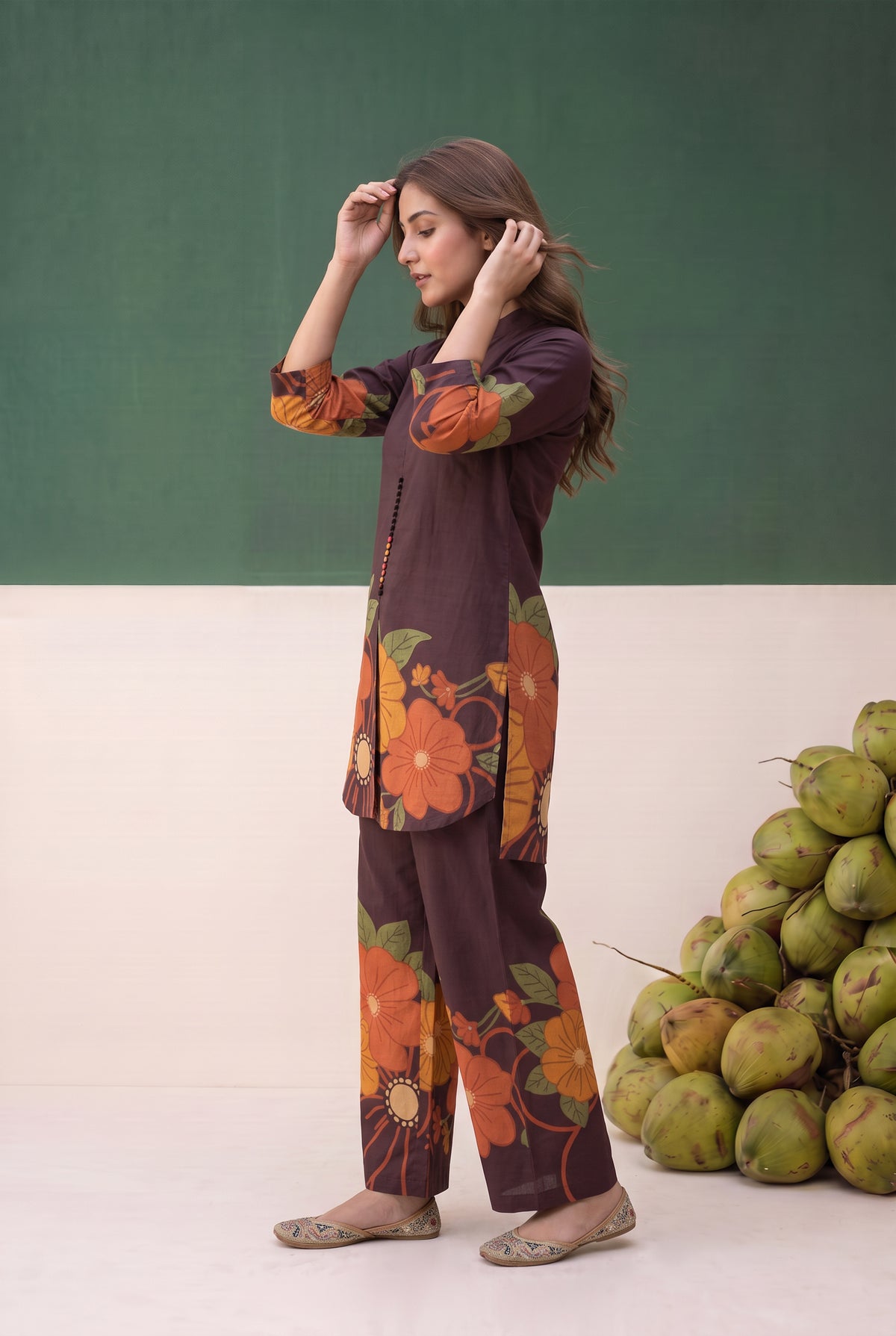 Brown Contrast Floral Printed Cotton Co-ord Set