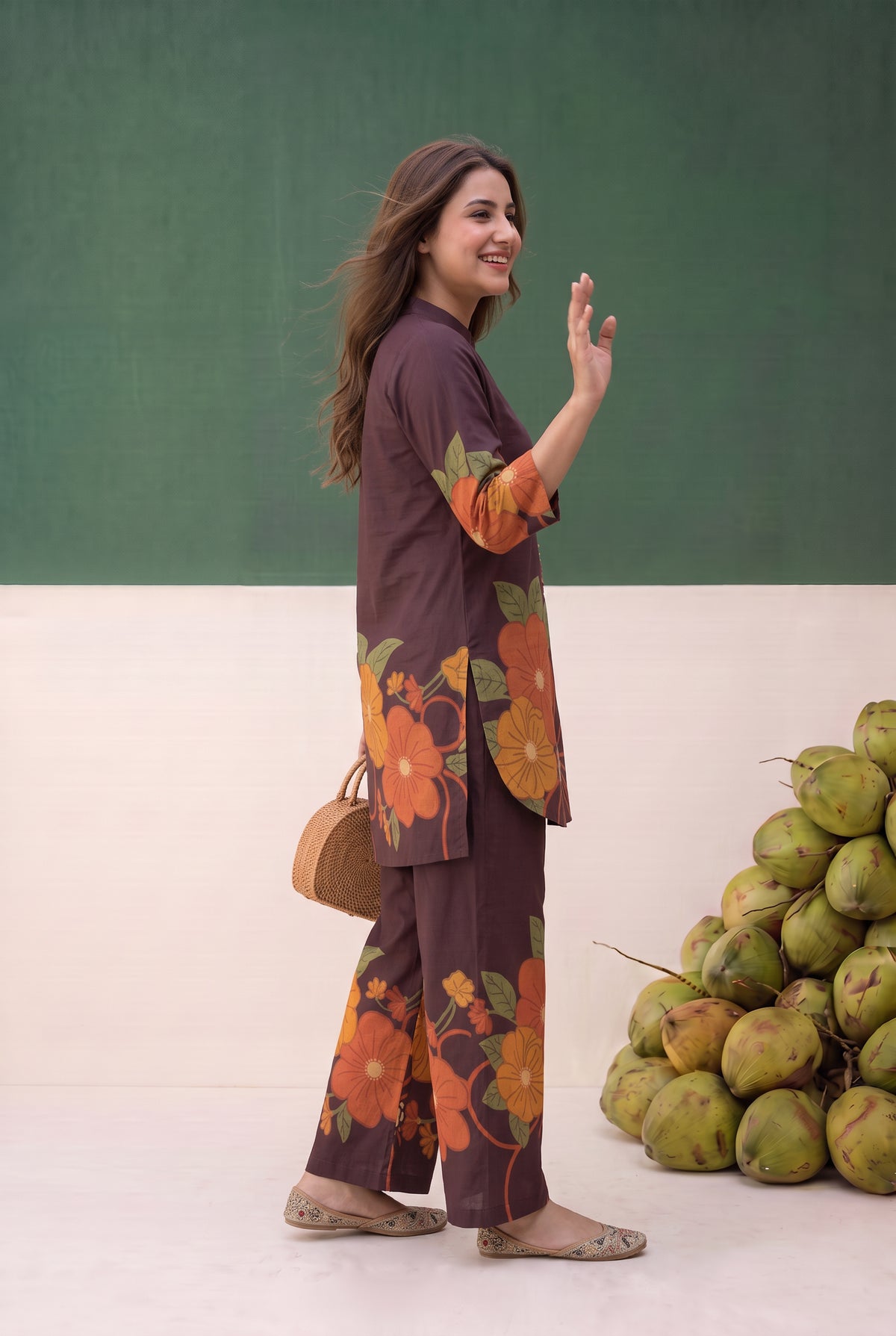 Brown Contrast Floral Printed Cotton Co-ord Set