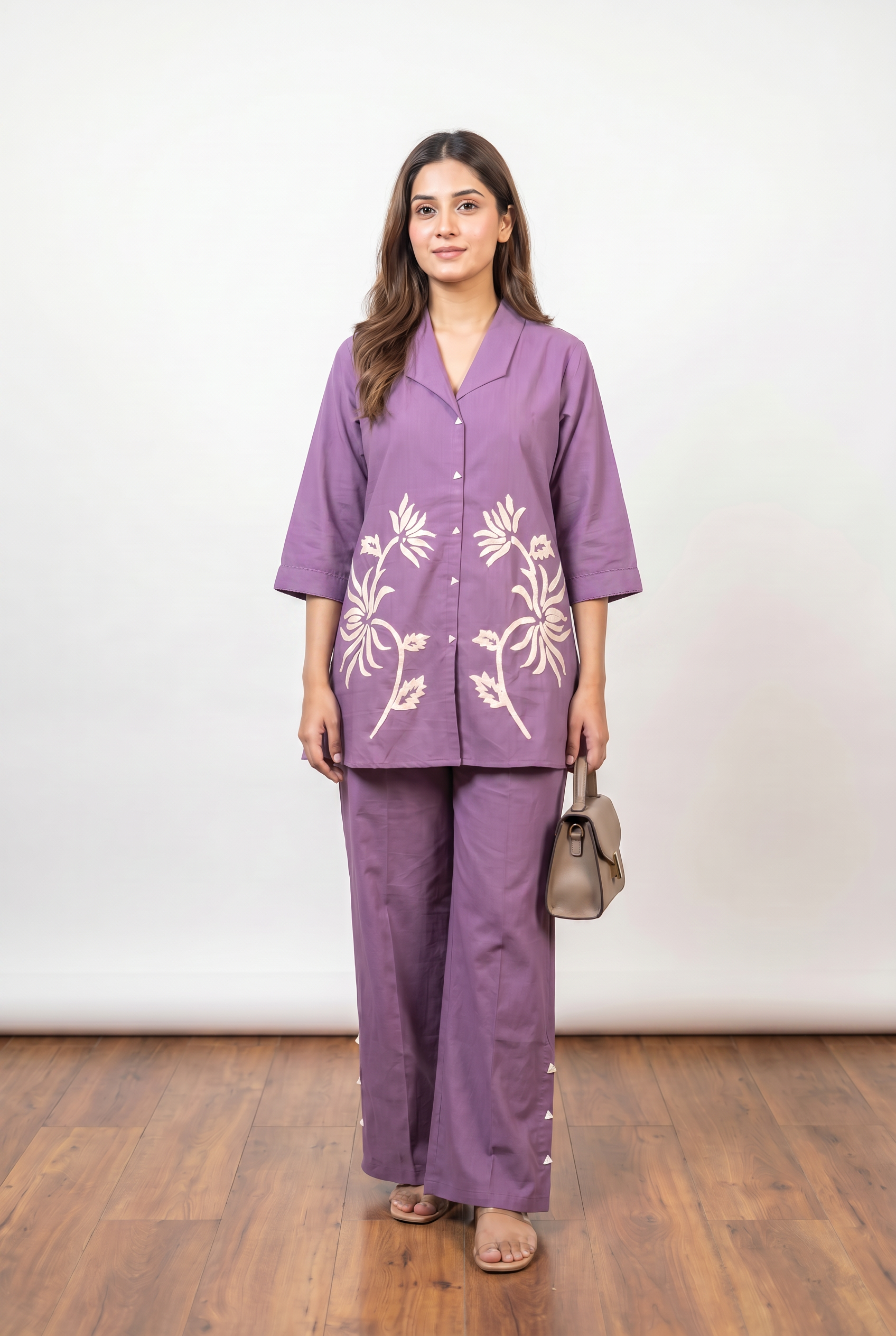 Lavender Floral Applique Cotton Co-Ord Set