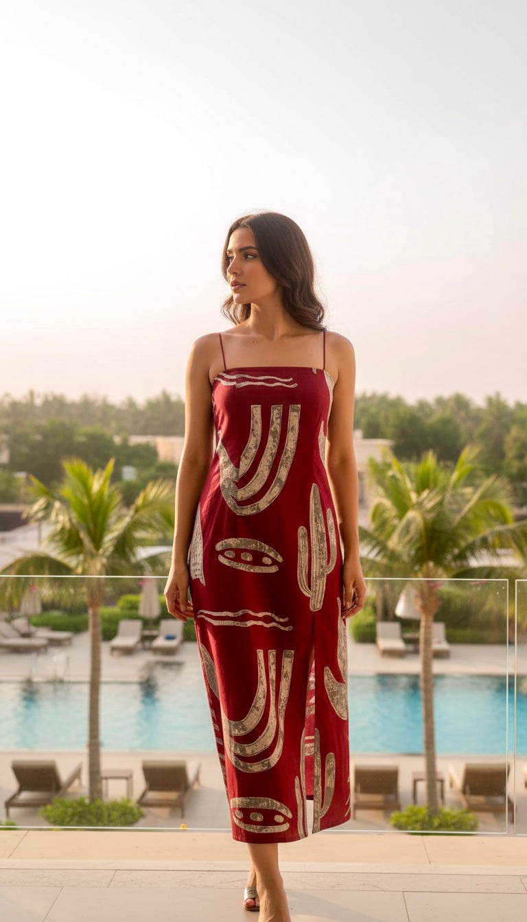 Maroon Abstract Printed Cotton Sleeveless Strap Midi Dress with Side Slit