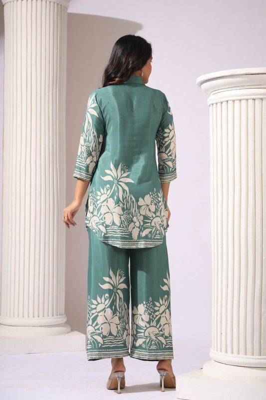 Pista Green Floral Printed Russian Silk Co-ord Set