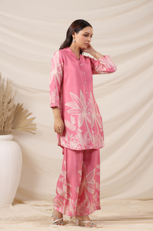 Blush Pink Tropical Print Russian Silk Co-ord Set