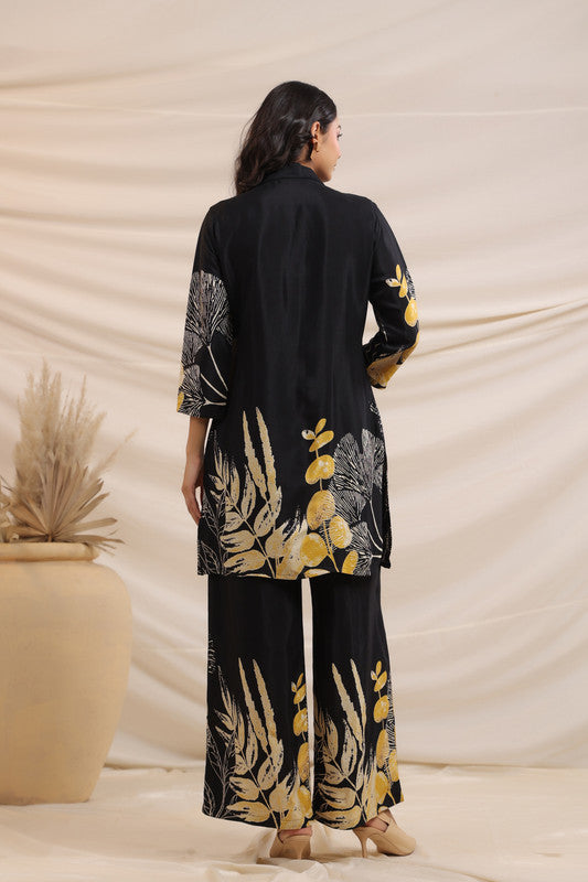 Black & Gold Botanical Printed Russian Silk Co-ord Set